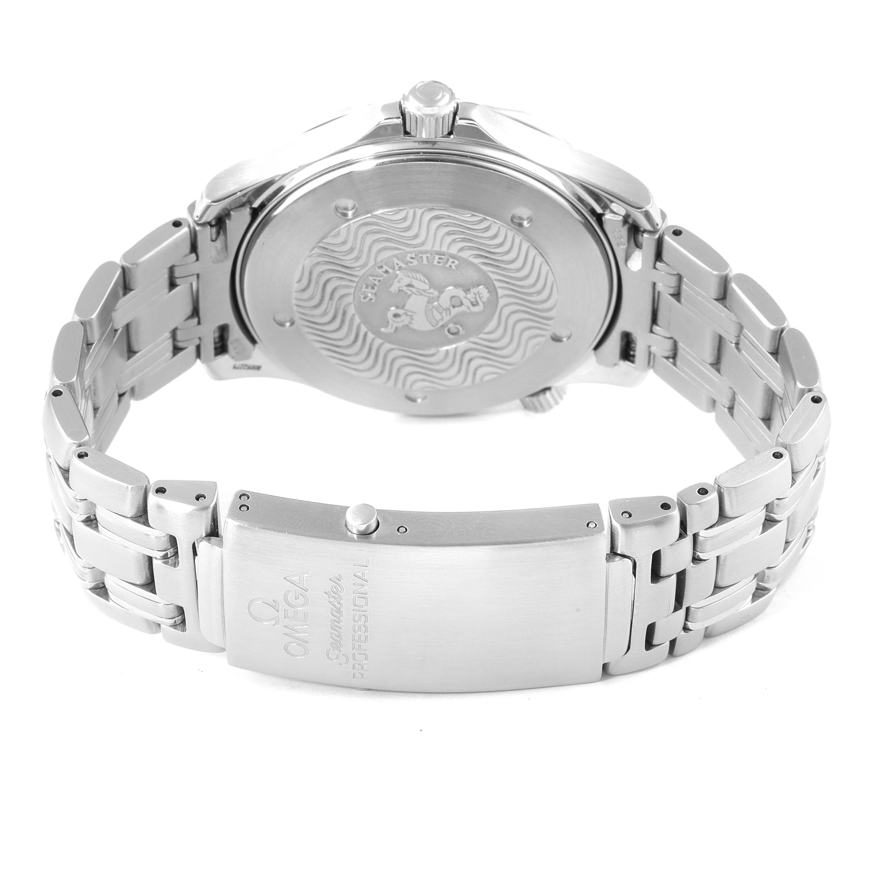 The image shows the back case and metal bracelet of the Omega Seamaster 2531.80.00 Men's Stainless Steel Blue Dial 2531.80.00 Men's Stainless Steel Blue Dial watch, displaying its clasp and engraved logo.