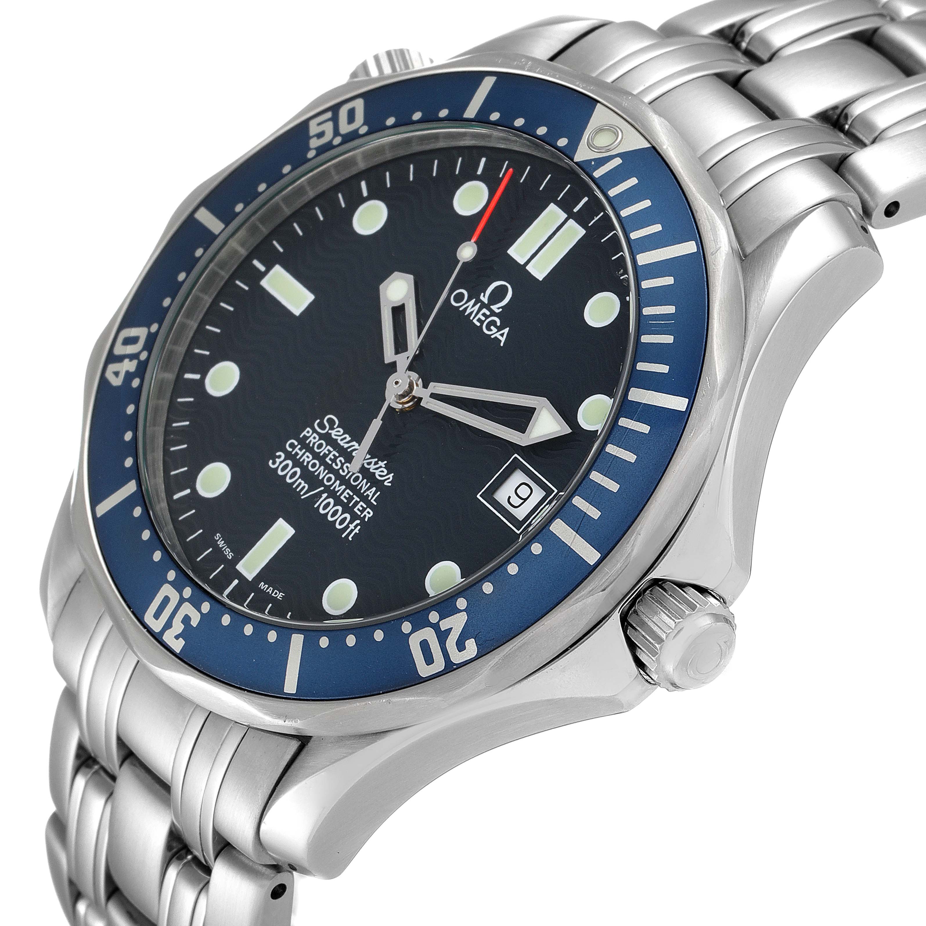 This image shows a close-up angled view of the Omega Seamaster 2531.80.00 Men's Stainless Steel Blue Dial 2531.80.00 Men's Stainless Steel Blue Dial watch, highlighting the face, bezel, and part of the bracelet.