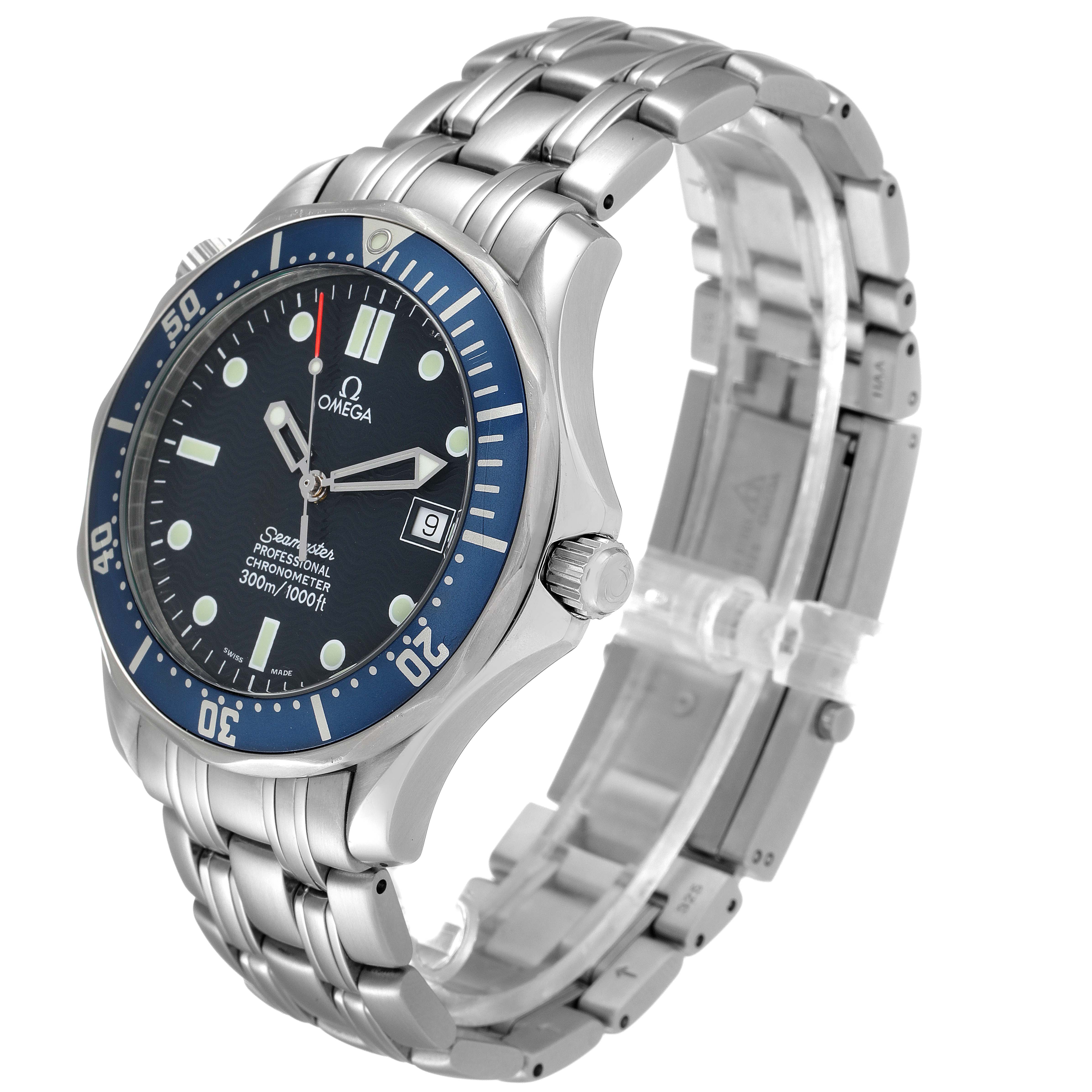 The image shows a side angle of the Omega Seamaster 2531.80.00 Men's Stainless Steel Blue Dial 2531.80.00 Men's Stainless Steel Blue Dial watch, highlighting the metal bracelet, bezel, crown, and dial.