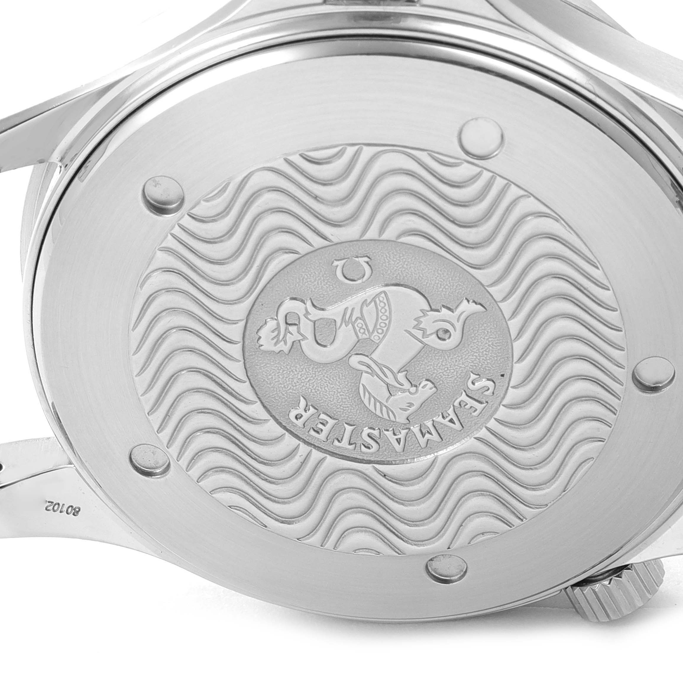 This image shows the back case of an Omega Seamaster 2531.80.00 Men's Stainless Steel Blue Dial 2531.80.00 Men's Stainless Steel Blue Dial watch, featuring the embossed logo and wave design.