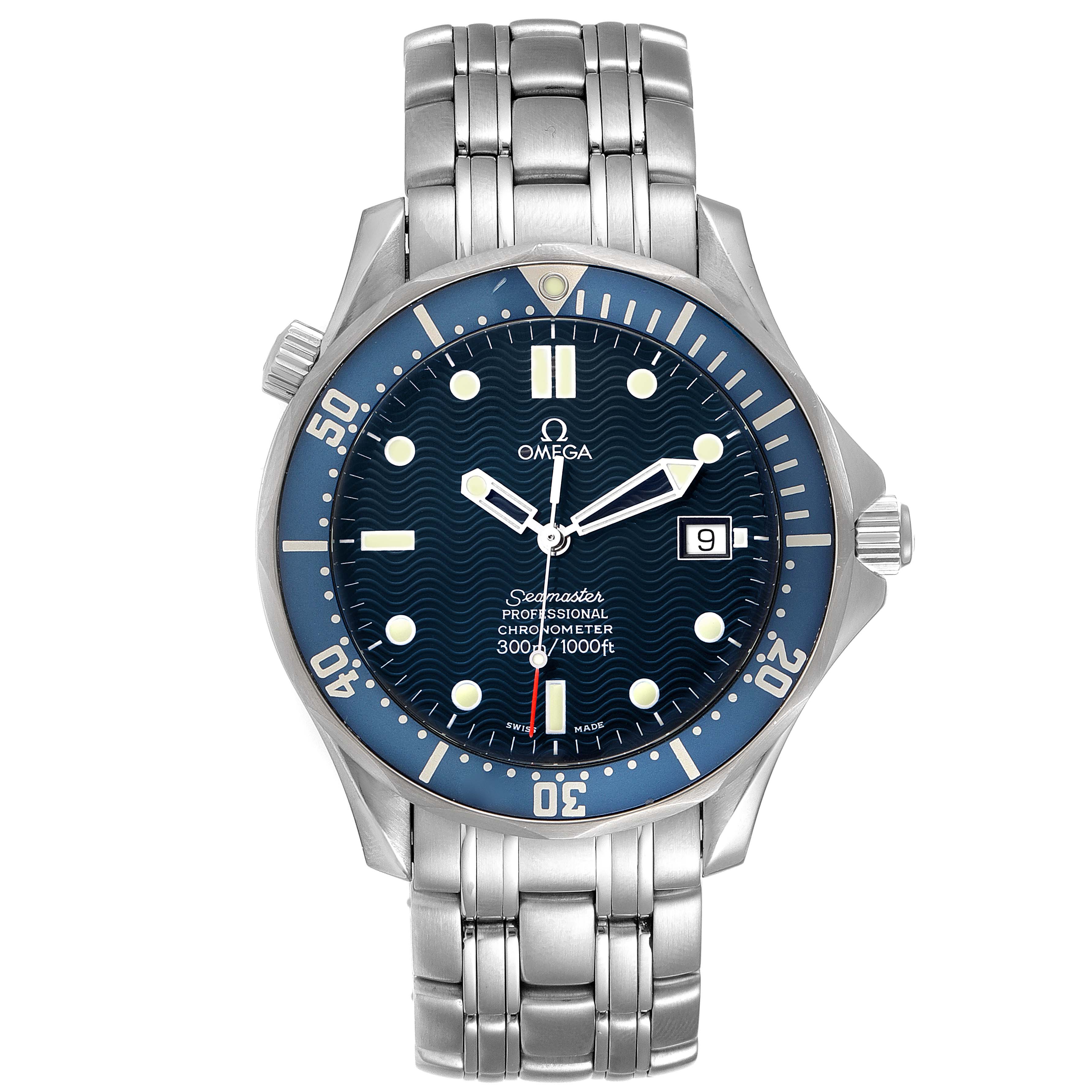 The image shows a front view of the Omega Seamaster 2531.80.00 Men's Stainless Steel Blue Dial 2531.80.00 Men's Stainless Steel Blue Dial watch, highlighting the dial, hands, bracelet, and date window.