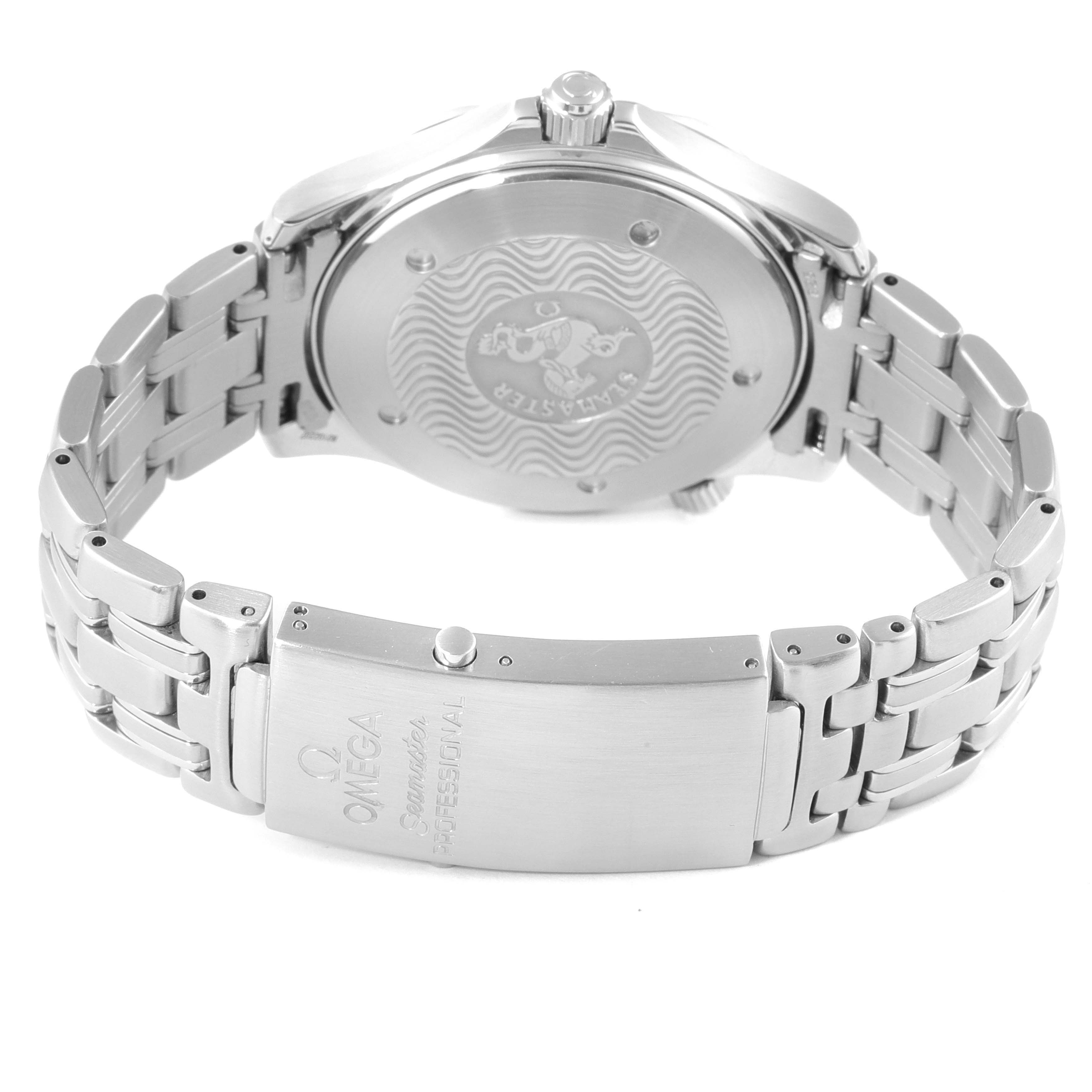 The image shows the back and clasp of an Omega Seamaster 2531.80.00 Men's Stainless Steel Blue Dial 2531.80.00 Men's Stainless Steel Blue Dial watch, highlighting its stainless steel bracelet and engraved case back.