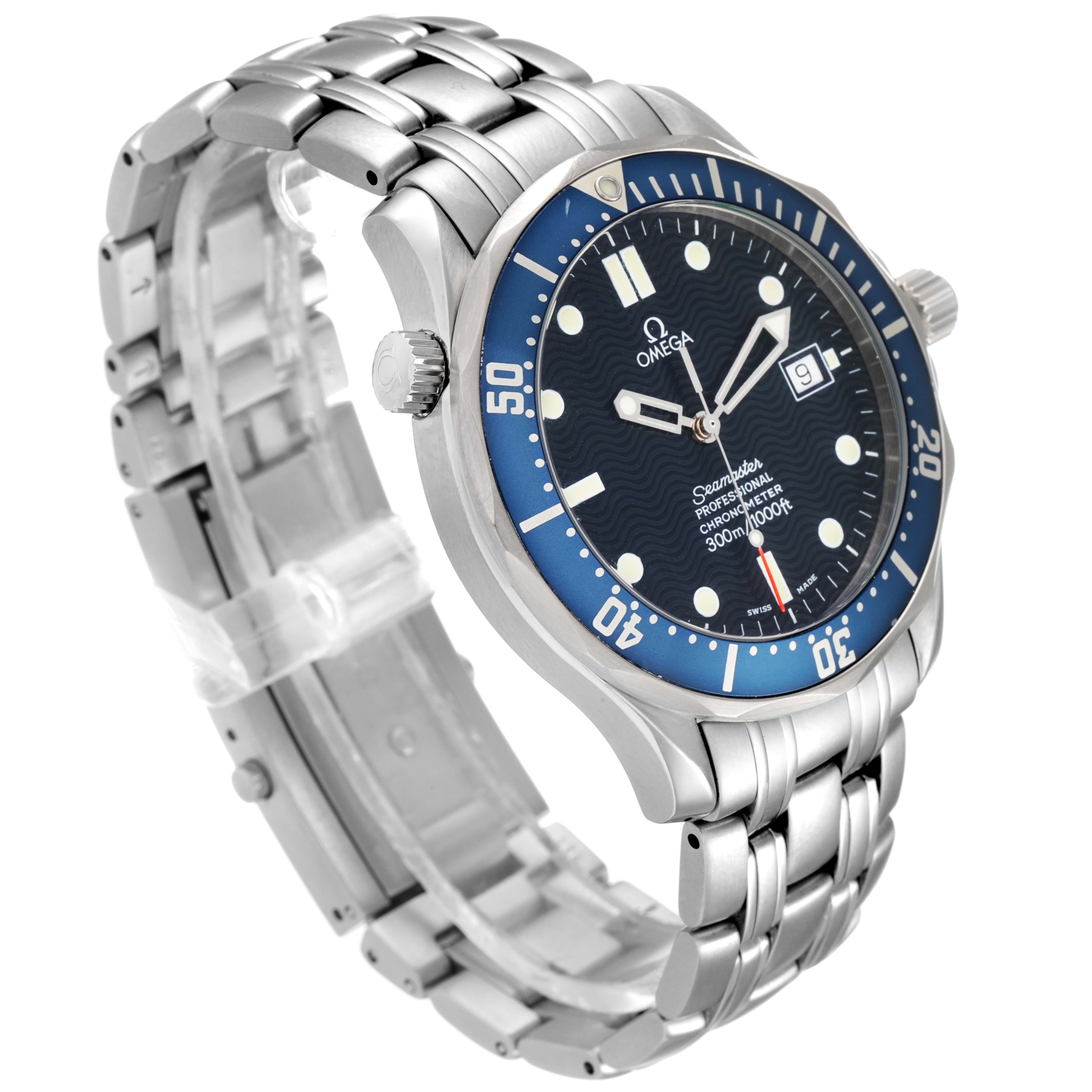 This image shows an Omega Seamaster 2531.80.00 Men's Stainless Steel Blue Dial 2531.80.00 Men's Stainless Steel Blue Dial watch at an angled side view, displaying its blue dial, bezel, and stainless steel bracelet.