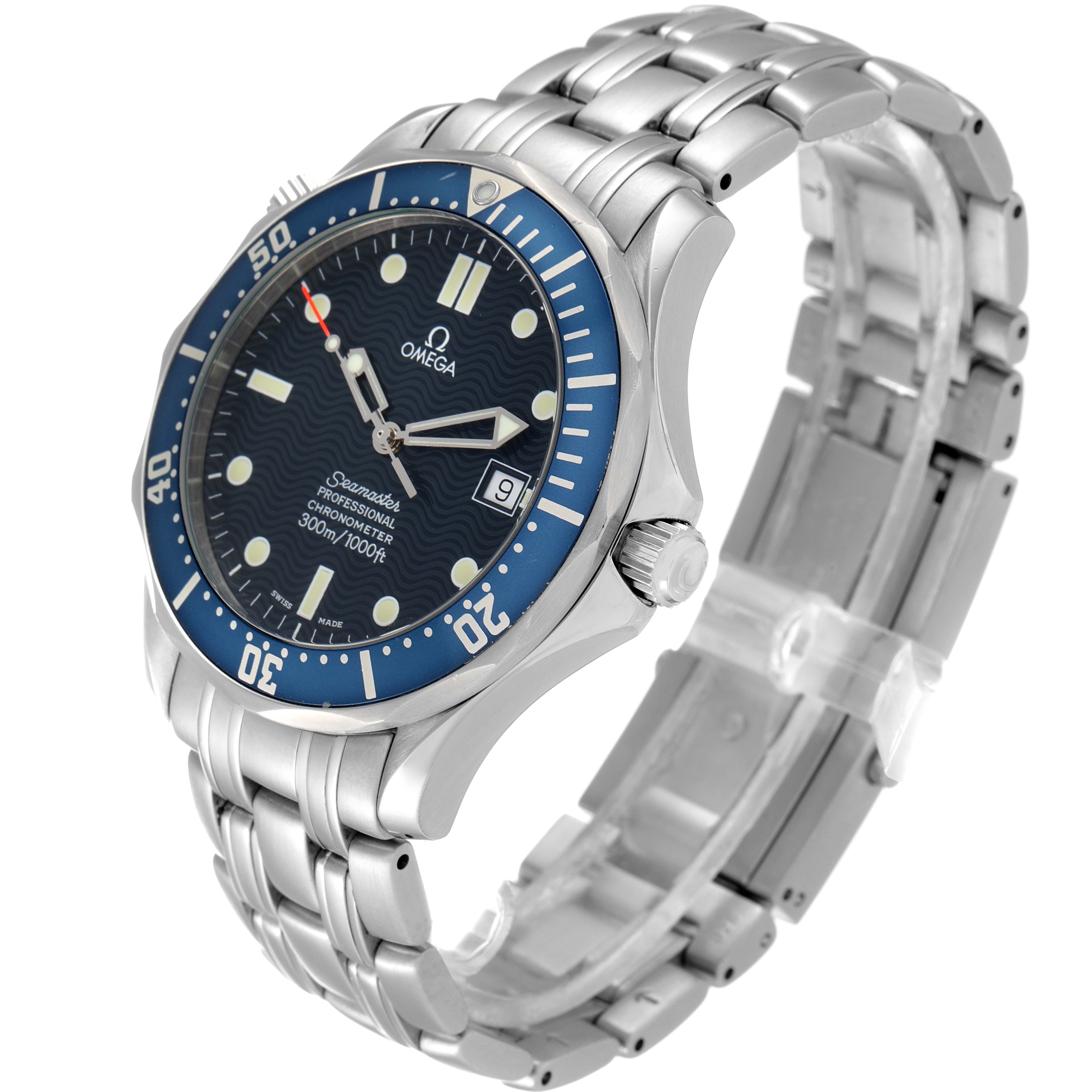This image shows a side and top view of an Omega Seamaster 2531.80.00 Men's Stainless Steel Blue Dial 2531.80.00 Men's Stainless Steel Blue Dial watch, highlighting its bracelet, bezel, dial, and crown.