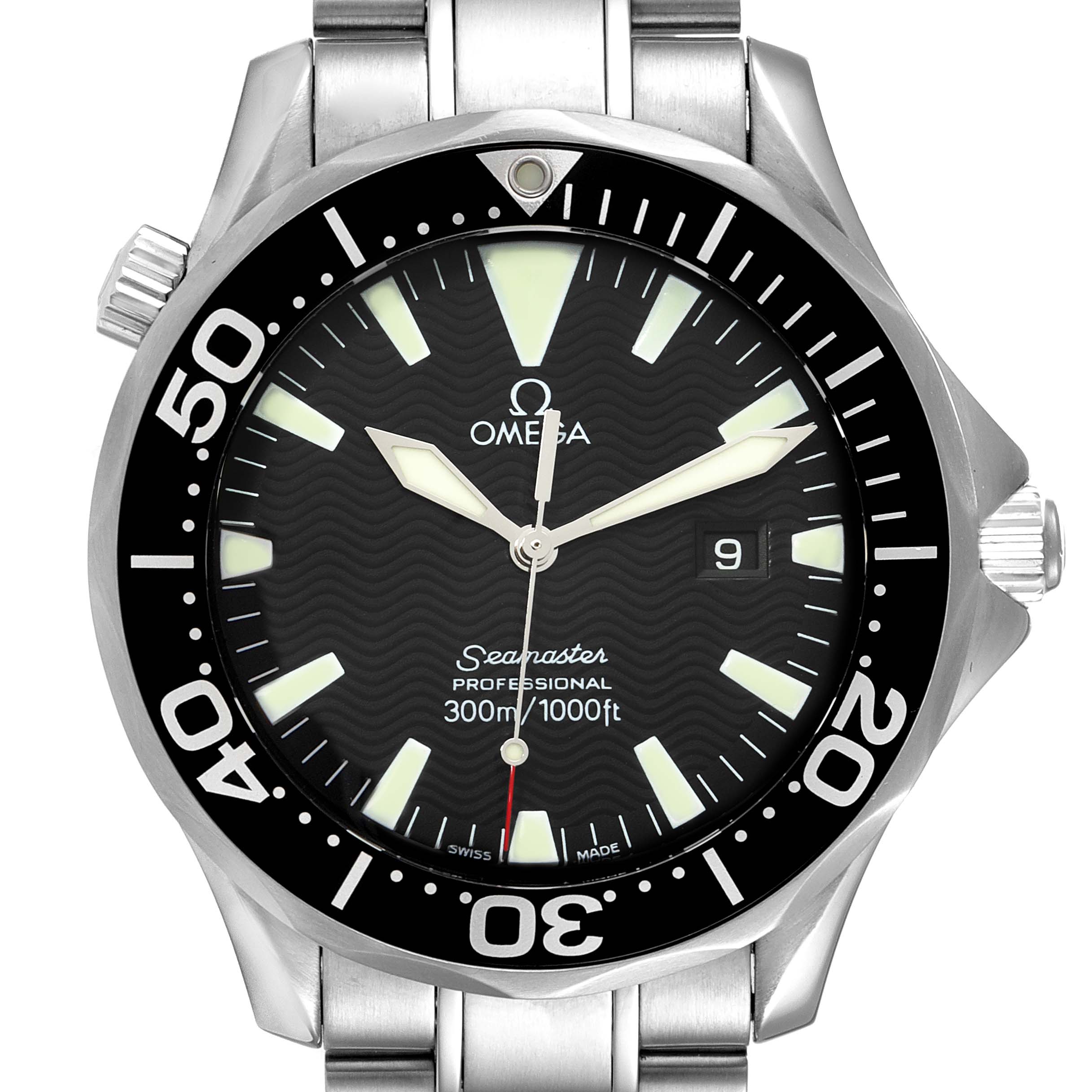 The Omega Seamaster 2264.50.00 Men's Stainless Steel Black Dial 2264.50.00 Men's Stainless Steel Black Dial watch is shown from the front, highlighting the bezel, hands, hour markers, and date window.