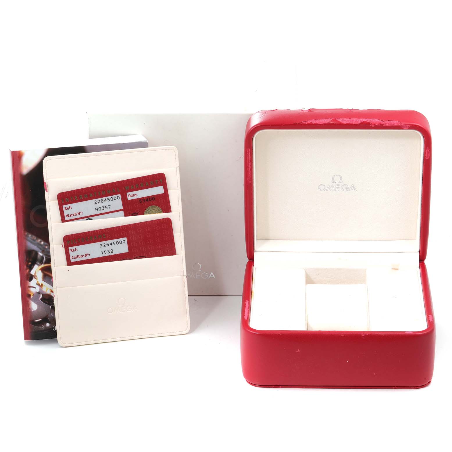 The image shows the box, warranty cards, and manual for an Omega Seamaster 2264.50.00 Men's Stainless Steel Black Dial 2264.50.00 Men's Stainless Steel Black Dial watch.