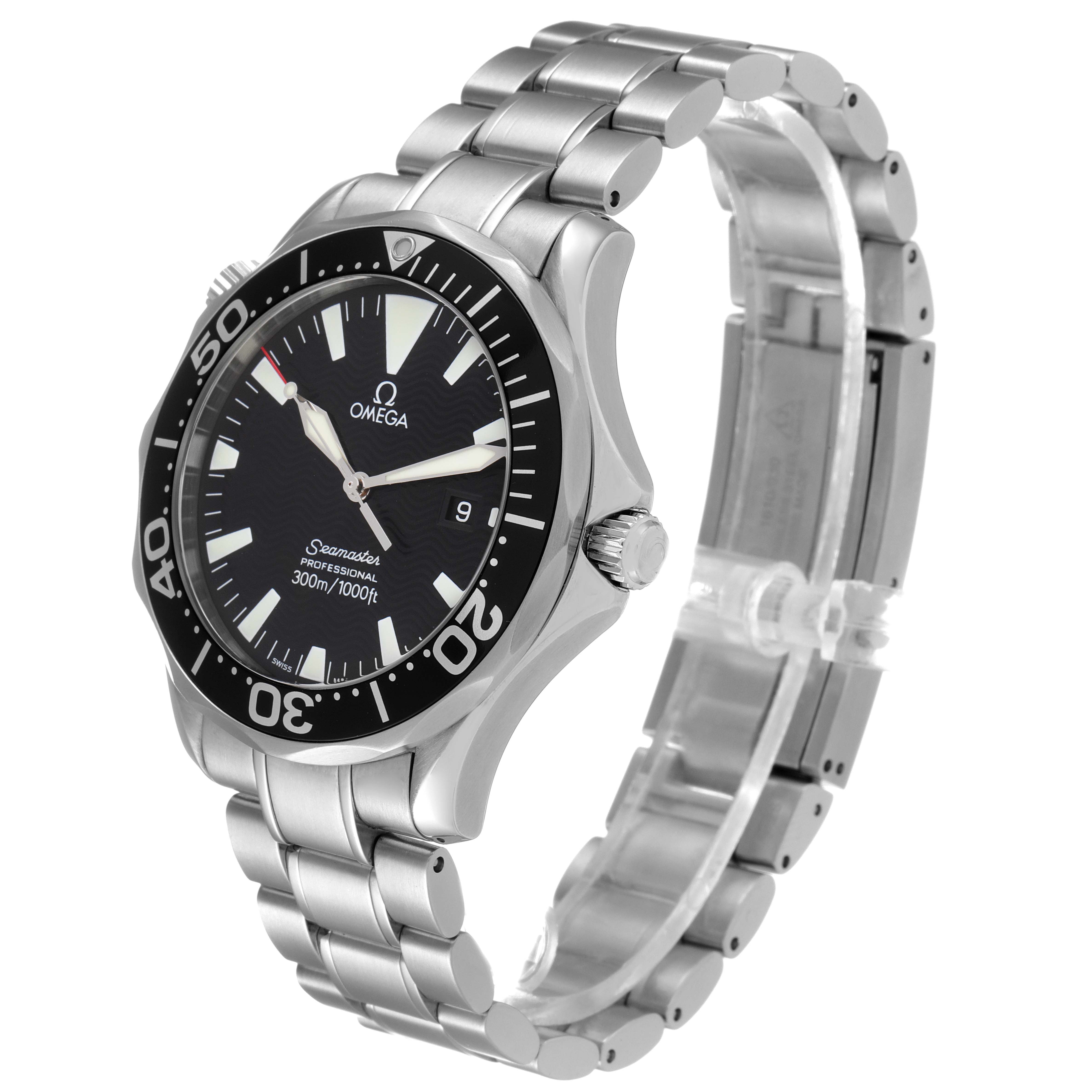 This Omega Seamaster 2264.50.00 Men's Stainless Steel Black Dial 2264.50.00 Men's Stainless Steel Black Dial watch is shown from a slightly angled side view, highlighting its face, bezel, and metal bracelet.