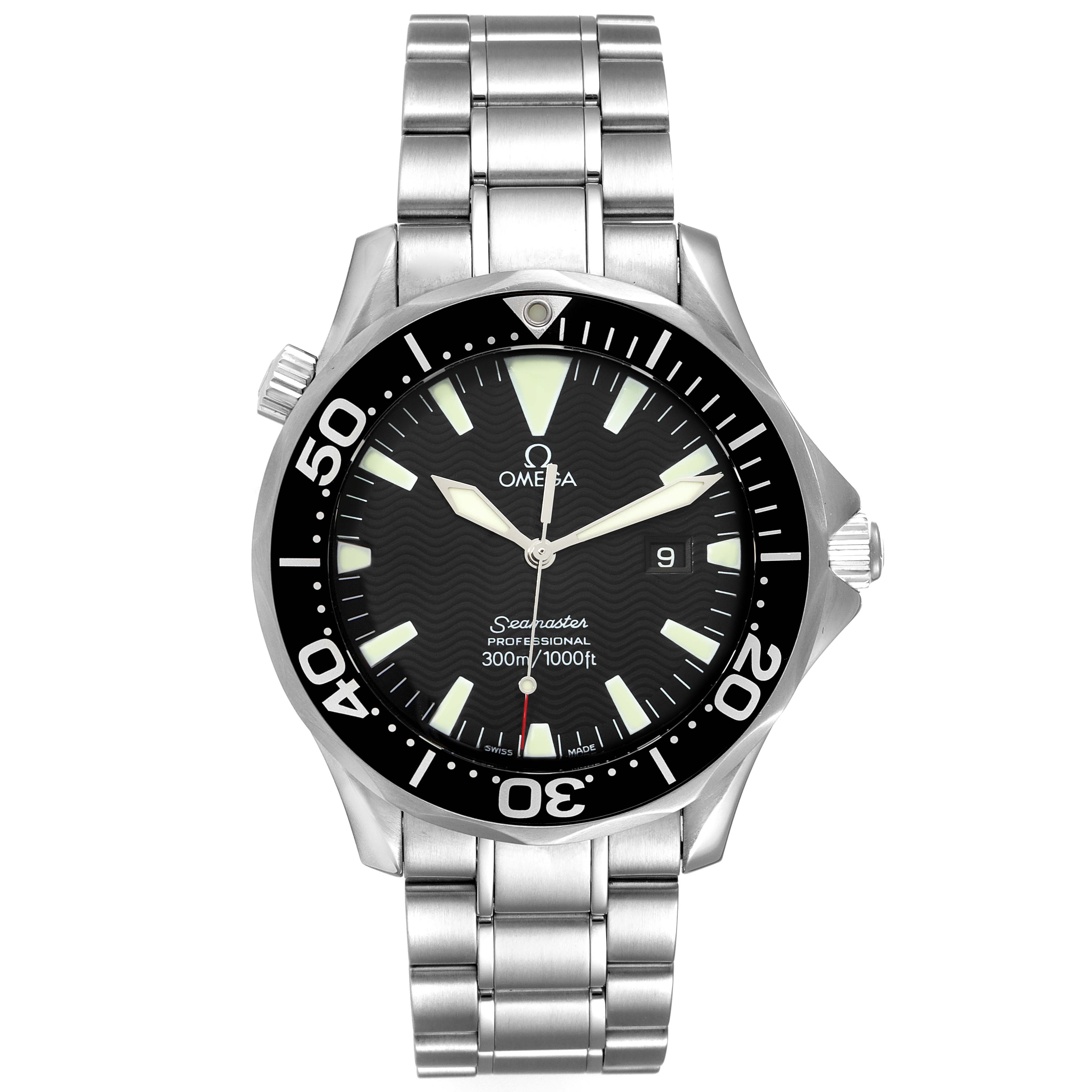 The image shows a front view of an Omega Seamaster 2264.50.00 Men's Stainless Steel Black Dial 2264.50.00 Men's Stainless Steel Black Dial watch, highlighting the dial, bezel, and metal bracelet.