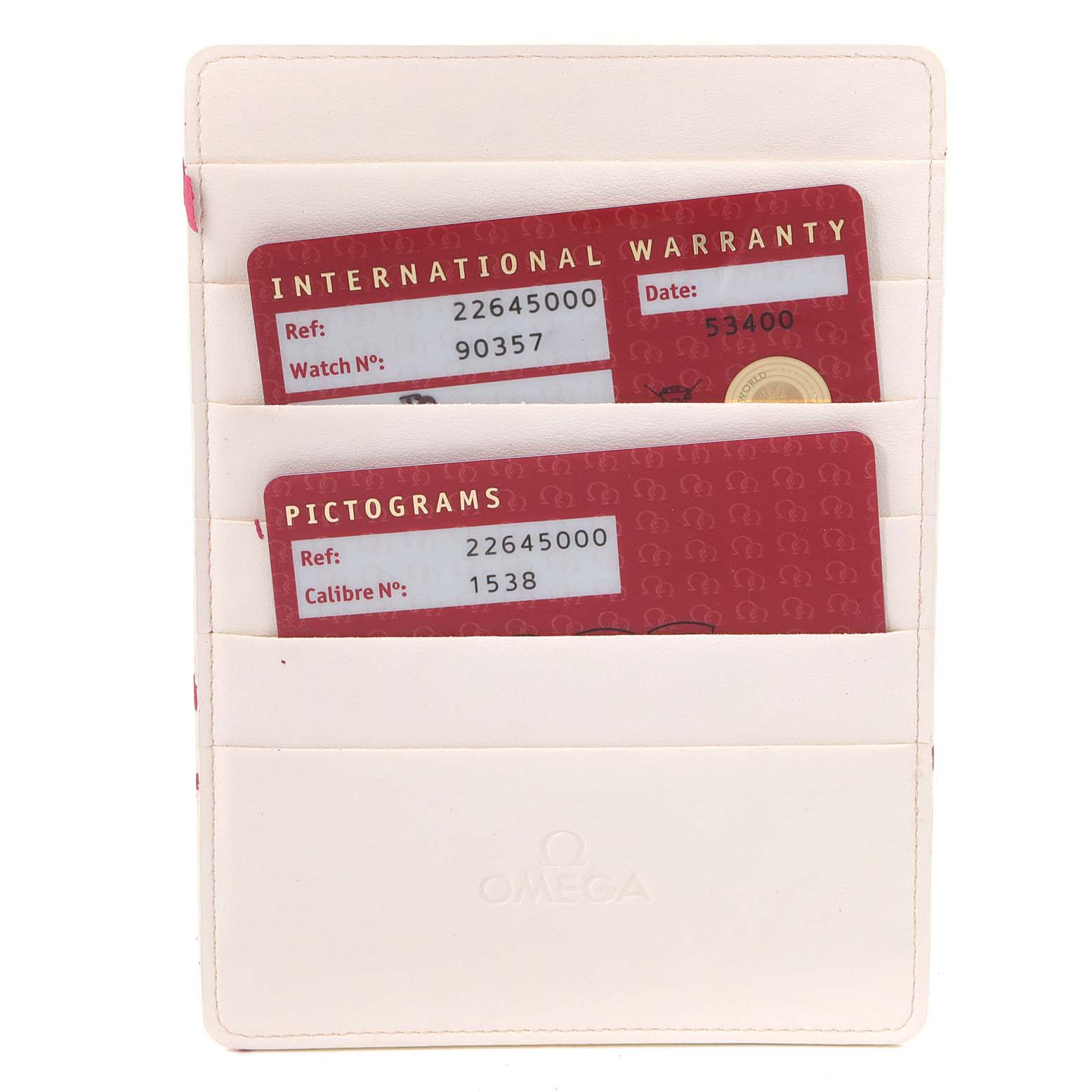 The image shows warranty and pictogram cards for an Omega Seamaster 2264.50.00 Men's Stainless Steel Black Dial 2264.50.00 Men's Stainless Steel Black Dial watch, placed in a white cardholder.