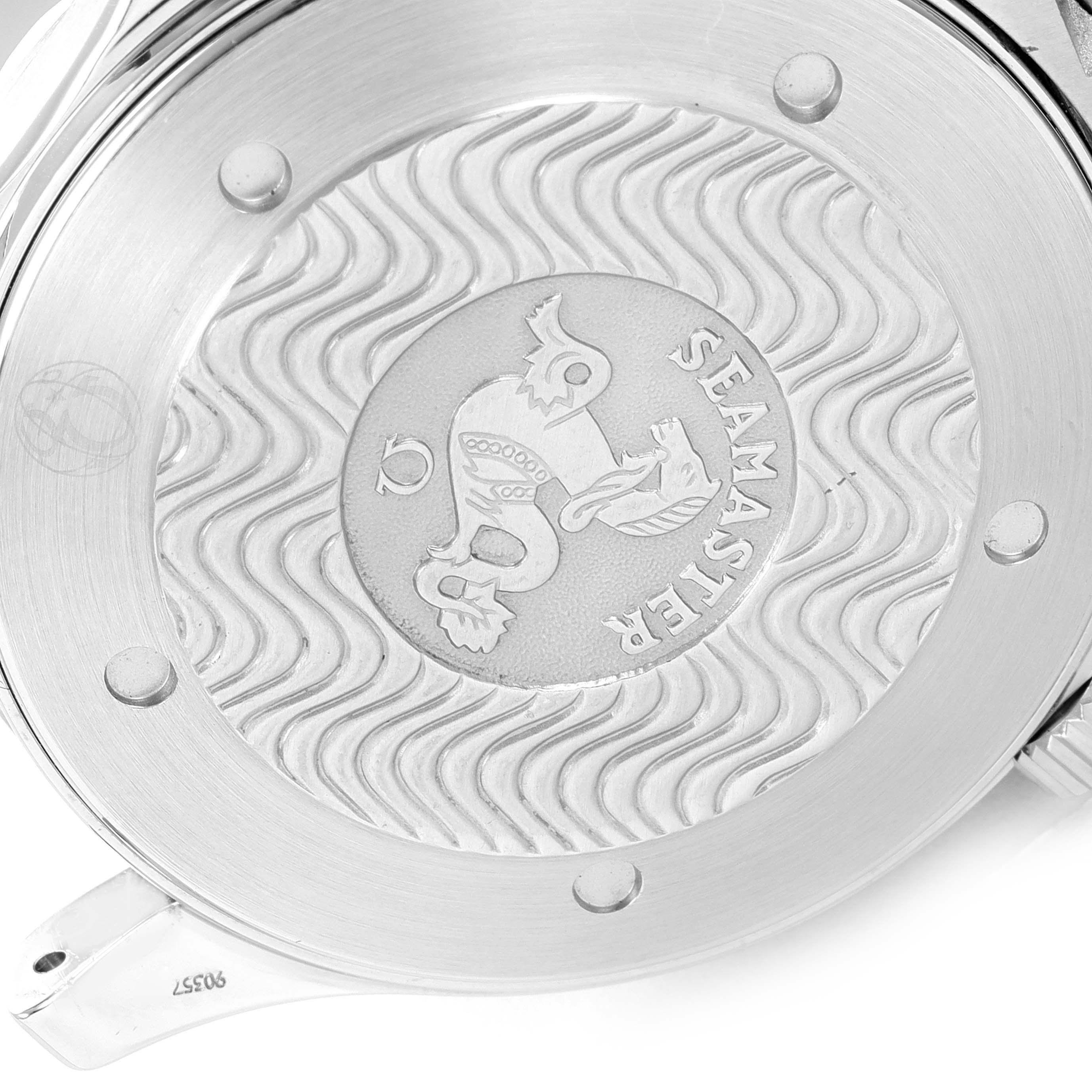 The image shows the case back of an Omega Seamaster 2264.50.00 Men's Stainless Steel Black Dial 2264.50.00 Men's Stainless Steel Black Dial watch with intricate engravings and the Omega logo.