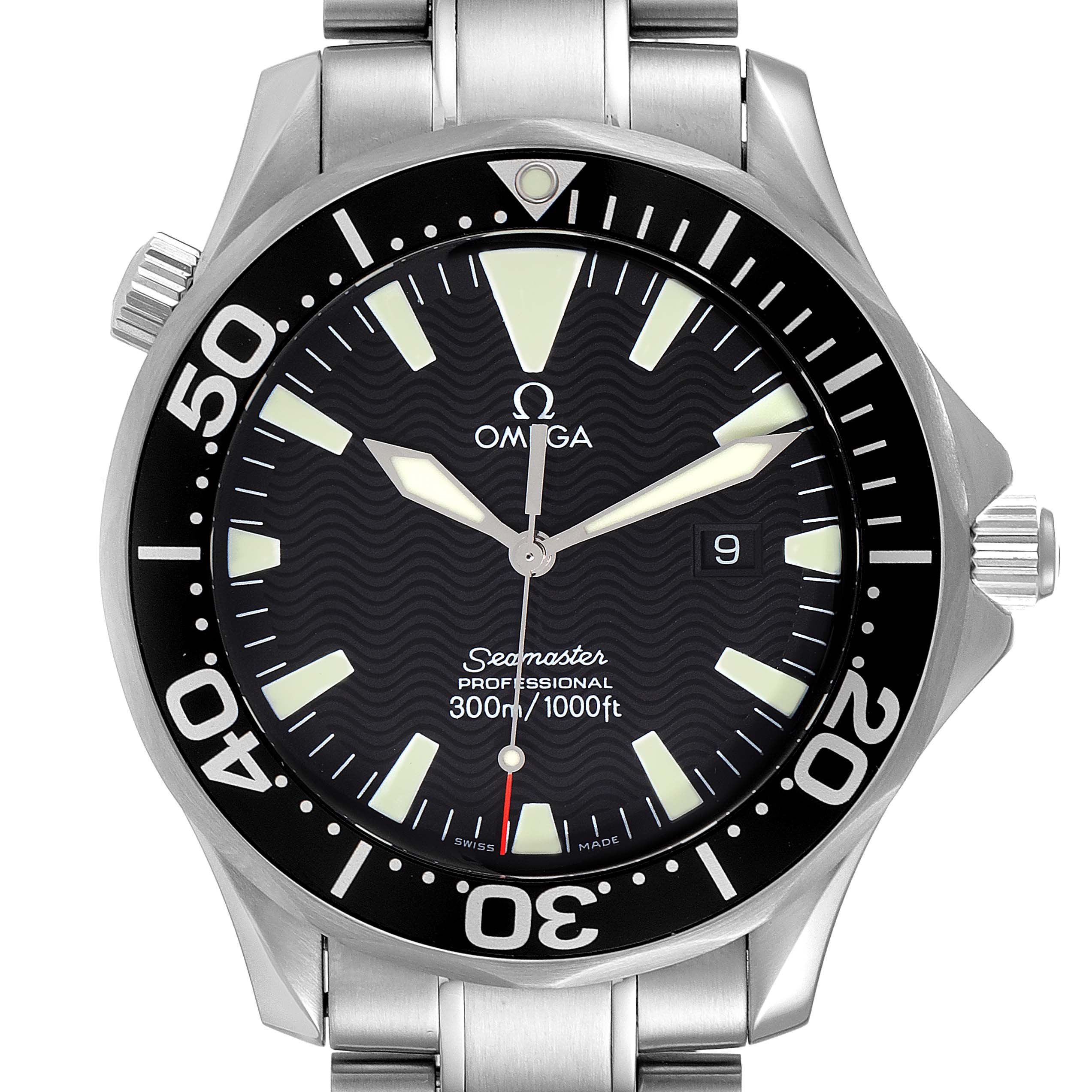 The image shows a front view of the Omega Seamaster 2264.50.00 Men's Stainless Steel Black Dial 2264.50.00 Men's Stainless Steel Black Dial watch, revealing the dial, bezel, and part of the bracelet.