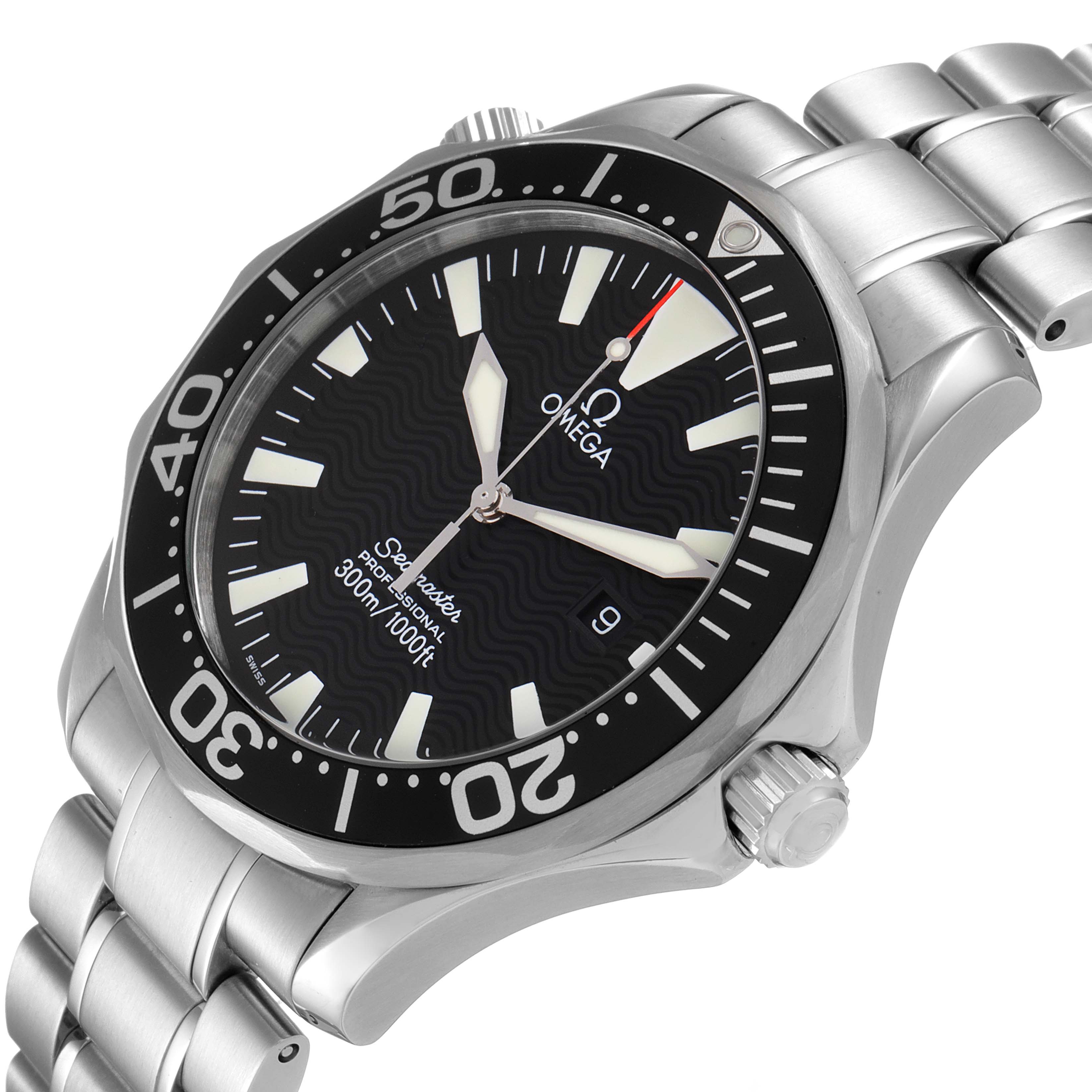 The image shows an angled close-up of an Omega Seamaster 2264.50.00 Men's Stainless Steel Black Dial 2264.50.00 Men's Stainless Steel Black Dial watch, highlighting the dial, bezel, crown, and bracelet.