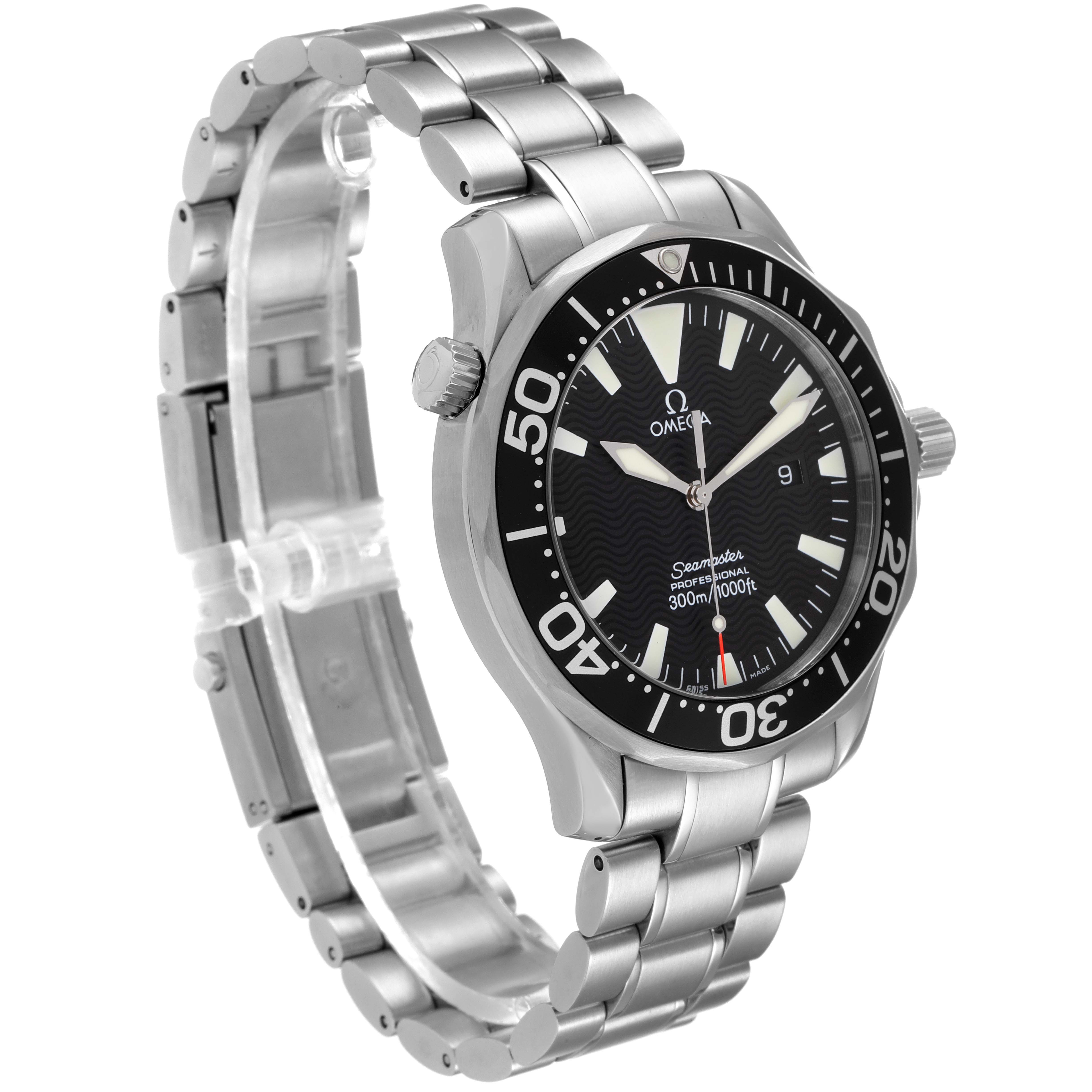 The image shows a side view of the Omega Seamaster 2264.50.00 Men's Stainless Steel Black Dial 2264.50.00 Men's Stainless Steel Black Dial watch, displaying its face, bezel, crown, and stainless steel bracelet.
