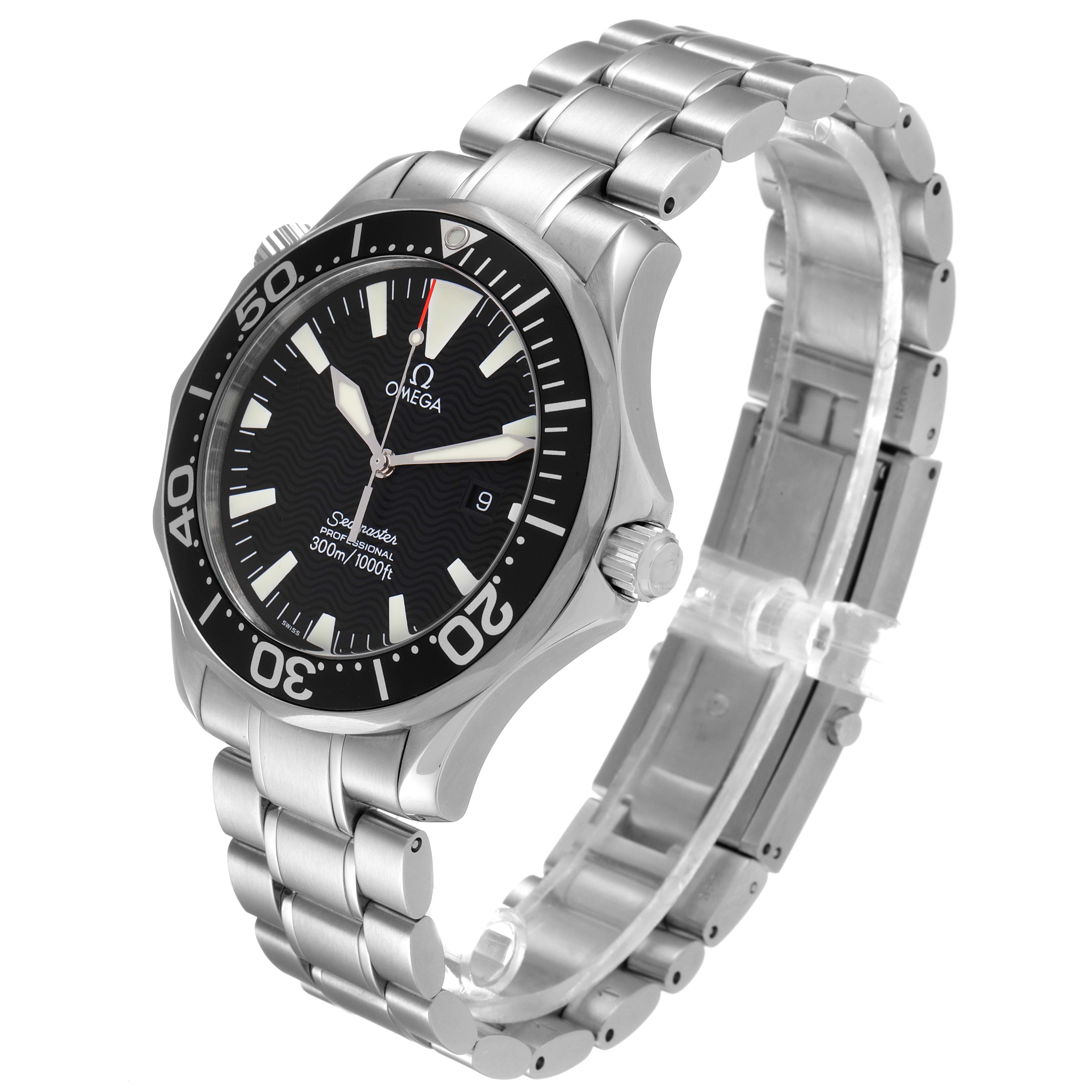 This image shows an Omega Seamaster 2264.50.00 Men's Stainless Steel Black Dial 2264.50.00 Men's Stainless Steel Black Dial watch at a three-quarter angle, focusing on the dial, bezel, crown, and stainless steel bracelet.