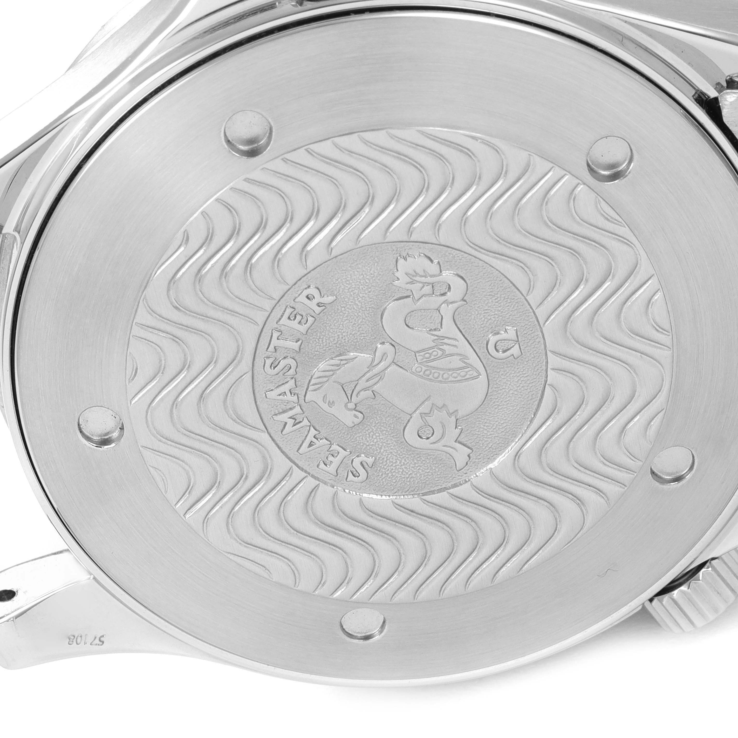 The image shows the case back of an Omega Seamaster 2264.50.00 Men's Stainless Steel Black Dial 2264.50.00 Men's Stainless Steel Black Dial watch, displaying its logo and wave pattern.