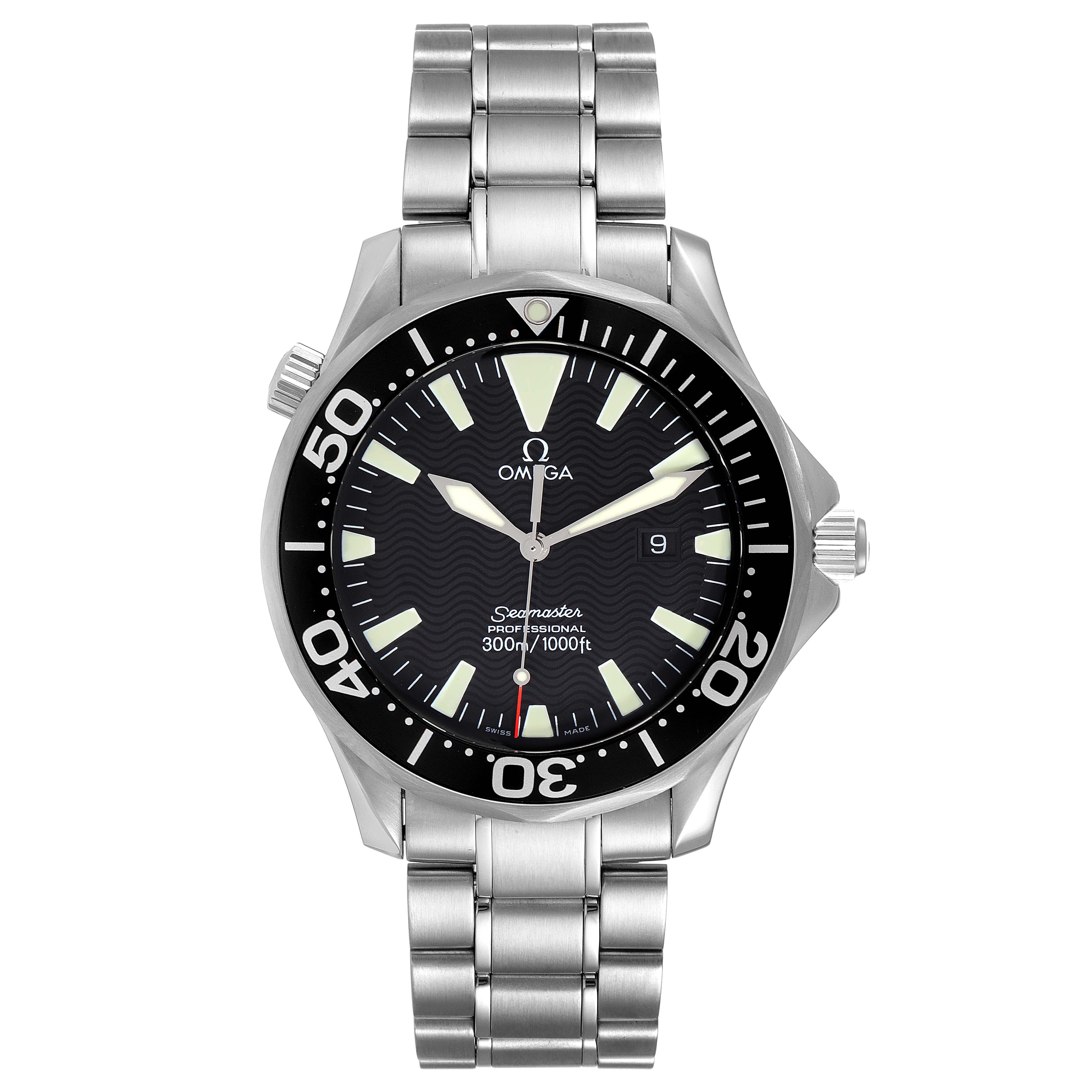 This image shows a front view of the Omega Seamaster 2264.50.00 Men's Stainless Steel Black Dial 2264.50.00 Men's Stainless Steel Black Dial watch, displaying its dial, bezel, crown, and bracelet.
