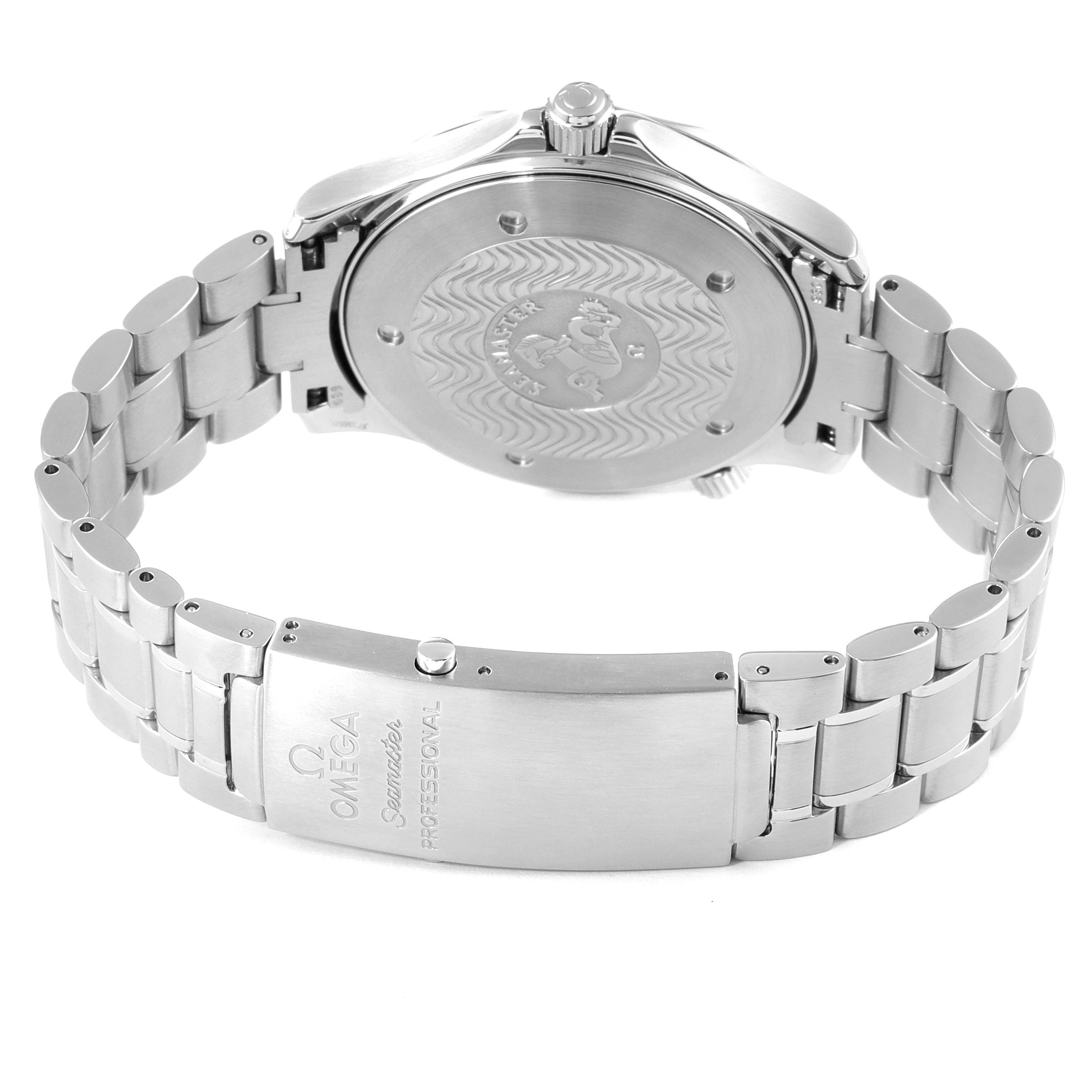 This image shows the back and bracelet of an Omega Seamaster 2264.50.00 Men's Stainless Steel Black Dial 2264.50.00 Men's Stainless Steel Black Dial watch, highlighting the case back and clasp.