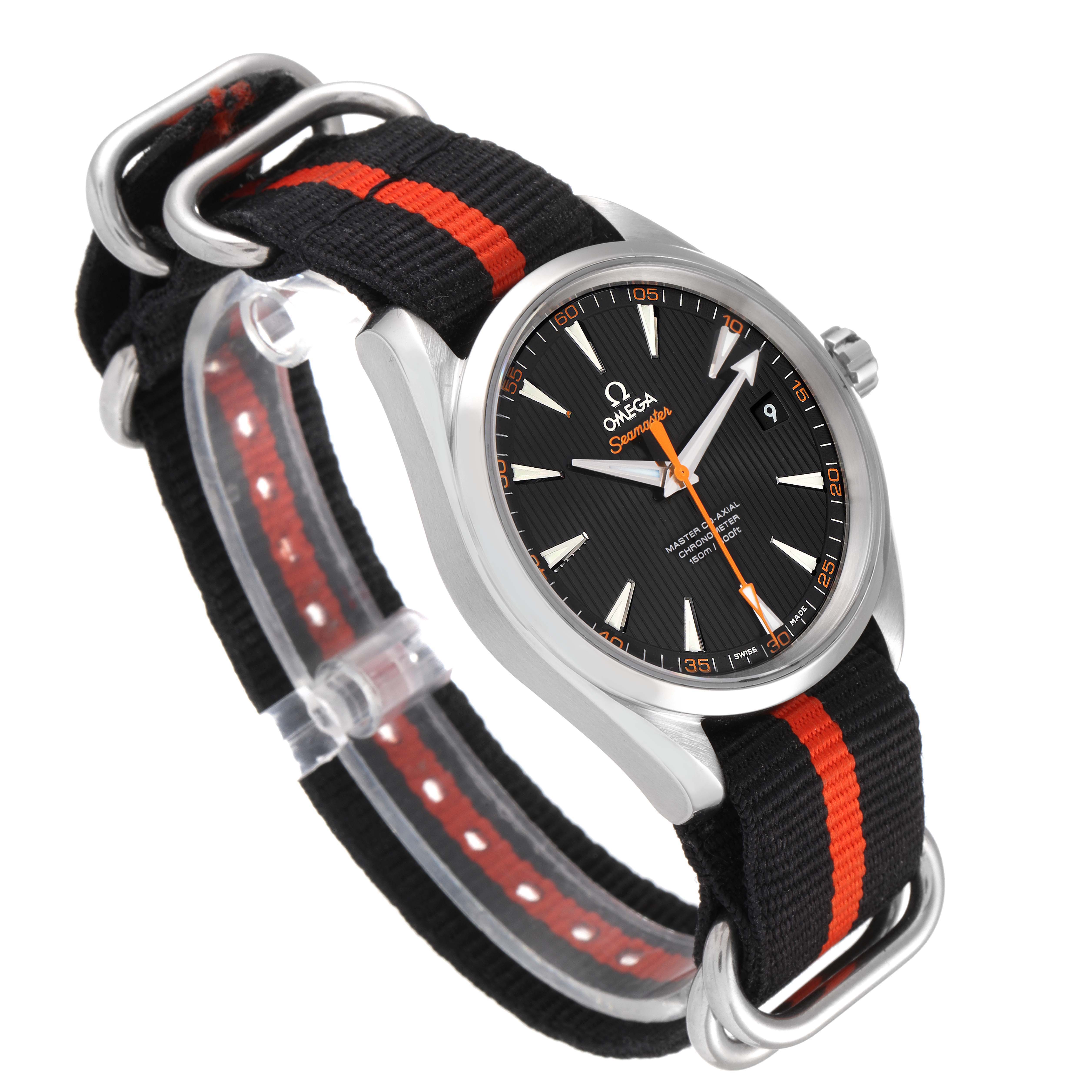 The image shows an Omega Aqua Terra 231.12.42.21.01.002 Men
s Stainless Steel Black Dial 231.12.42.21.01.002 Men
s Stainless Steel Black Dial watch at an oblique angle, highlighting its face, bezel, crown, and black-striped strap.