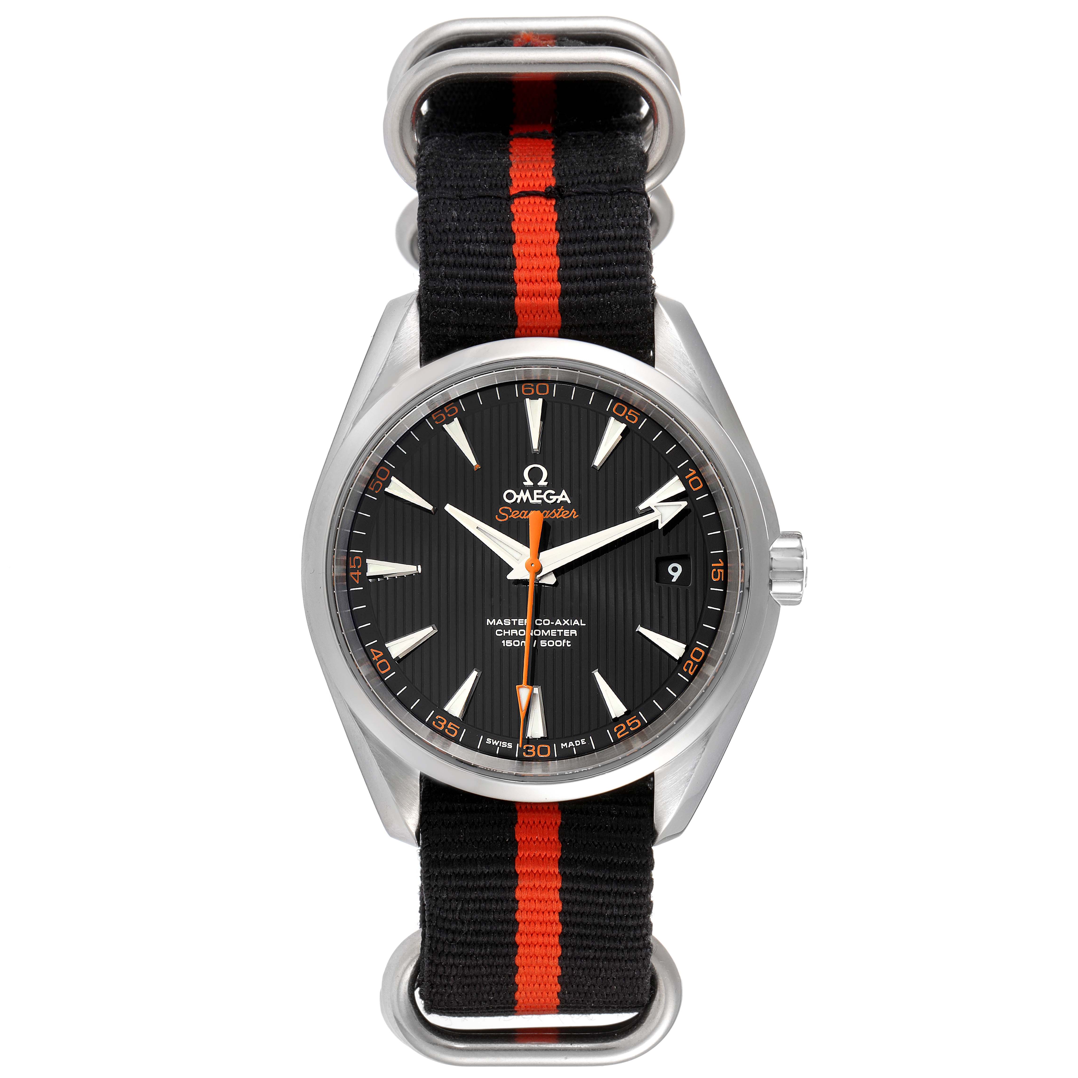 The Omega Aqua Terra 231.12.42.21.01.002 Men
s Stainless Steel Black Dial 231.12.42.21.01.002 Men
s Stainless Steel Black Dial watch is shown from the front, featuring a black and red NATO strap and visible dial with indices and hands.