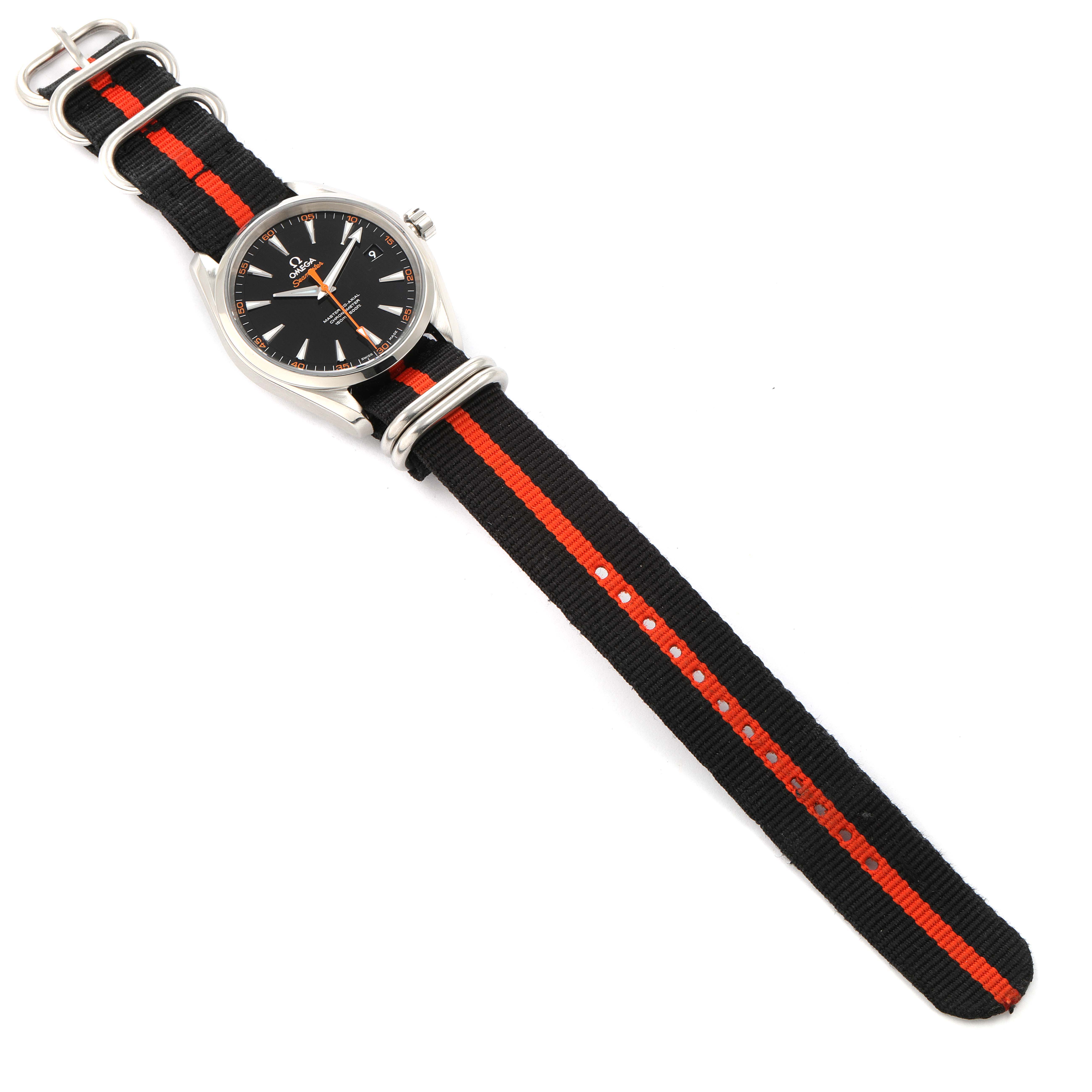 The Omega Aqua Terra 231.12.42.21.01.002 Men
s Stainless Steel Black Dial 231.12.42.21.01.002 Men
s Stainless Steel Black Dial watch is shown from a top-down angle, featuring a black and orange NATO strap and silver case.