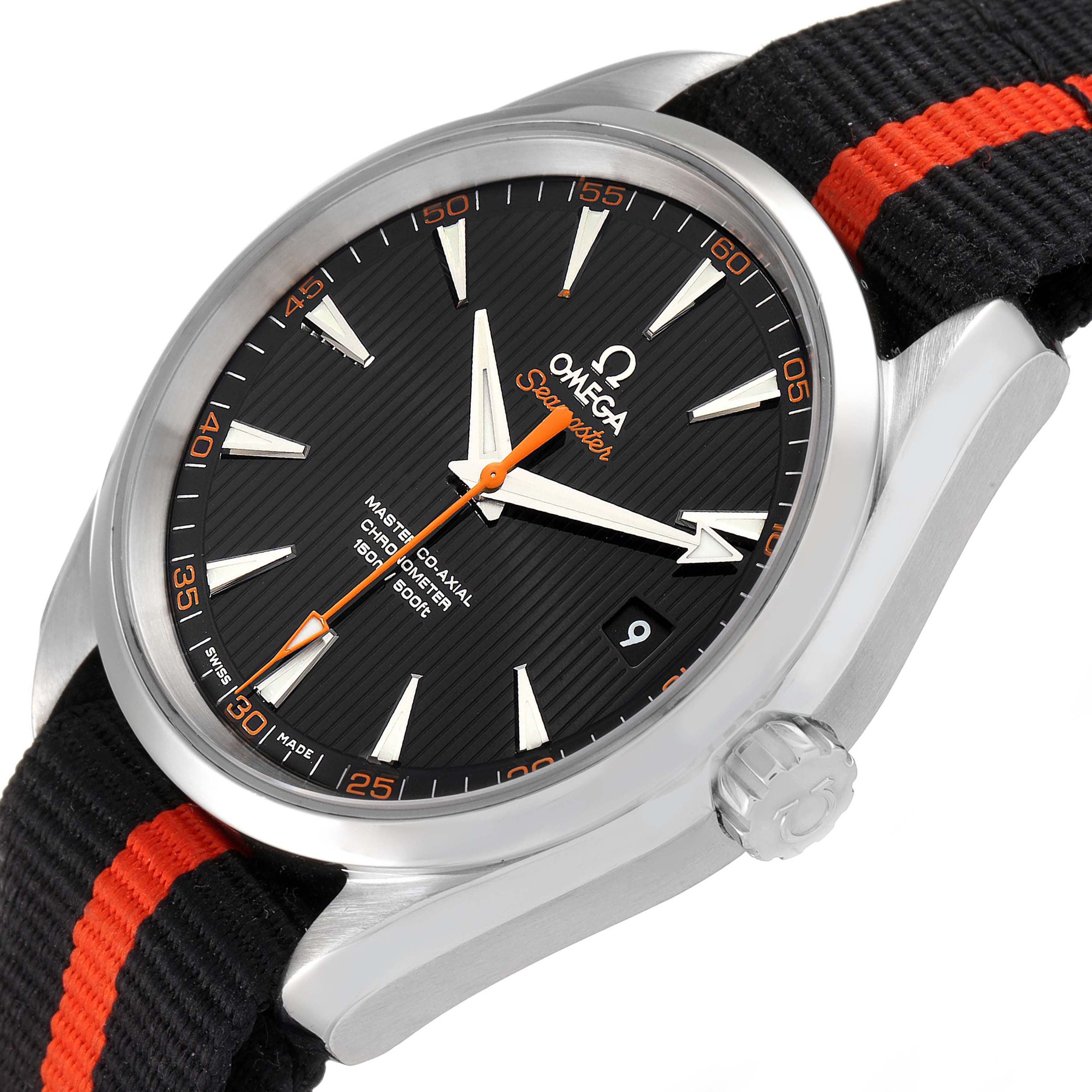 The image shows an Omega Aqua Terra 231.12.42.21.01.002 Men
s Stainless Steel Black Dial 231.12.42.21.01.002 Men
s Stainless Steel Black Dial watch at a slight angle, featuring its dial, case, crown, and NATO strap.