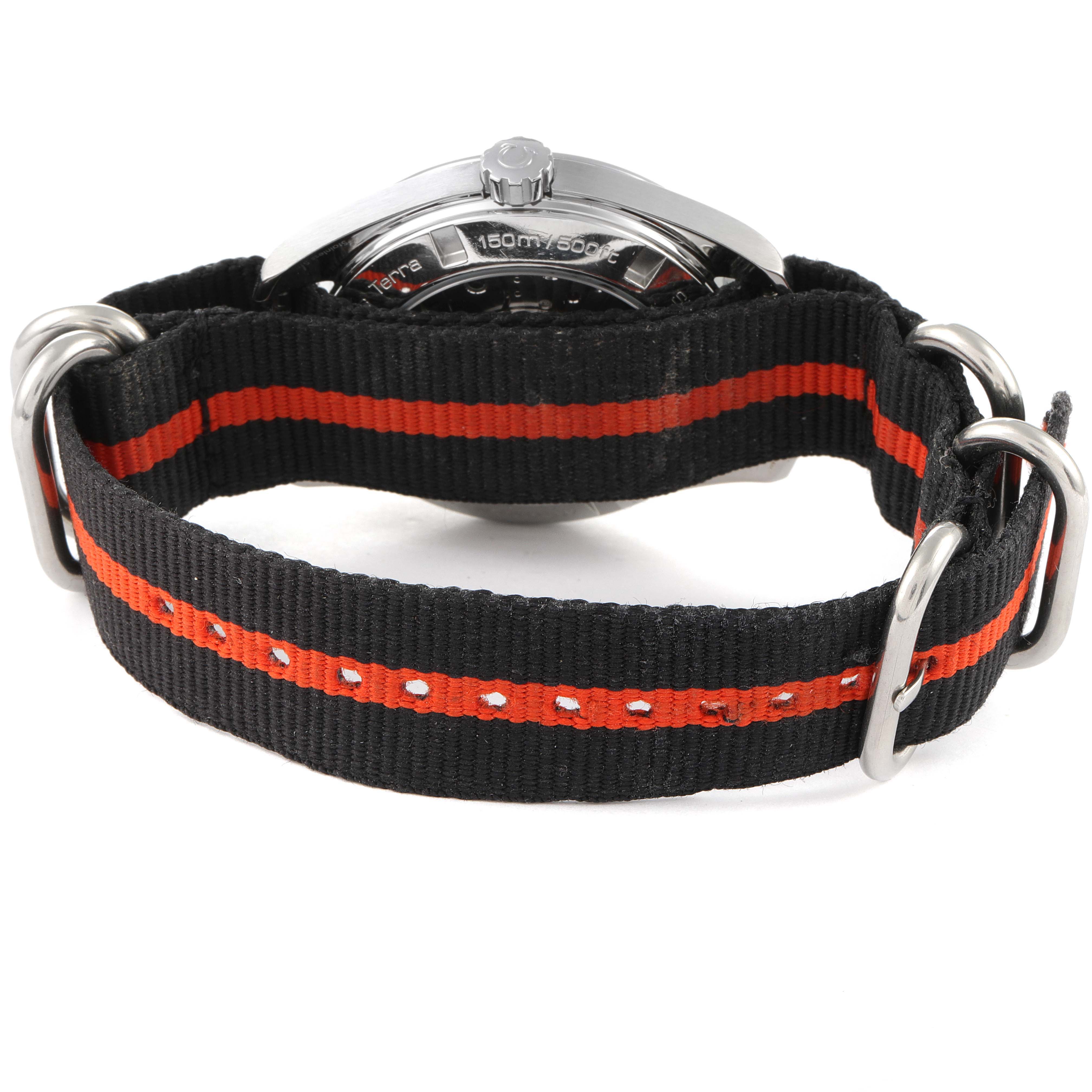 The image shows the back of the Omega Aqua Terra 231.12.42.21.01.002 Men
s Stainless Steel Black Dial 231.12.42.21.01.002 Men
s Stainless Steel Black Dial watch with a black and orange NATO strap and stainless steel hardware.