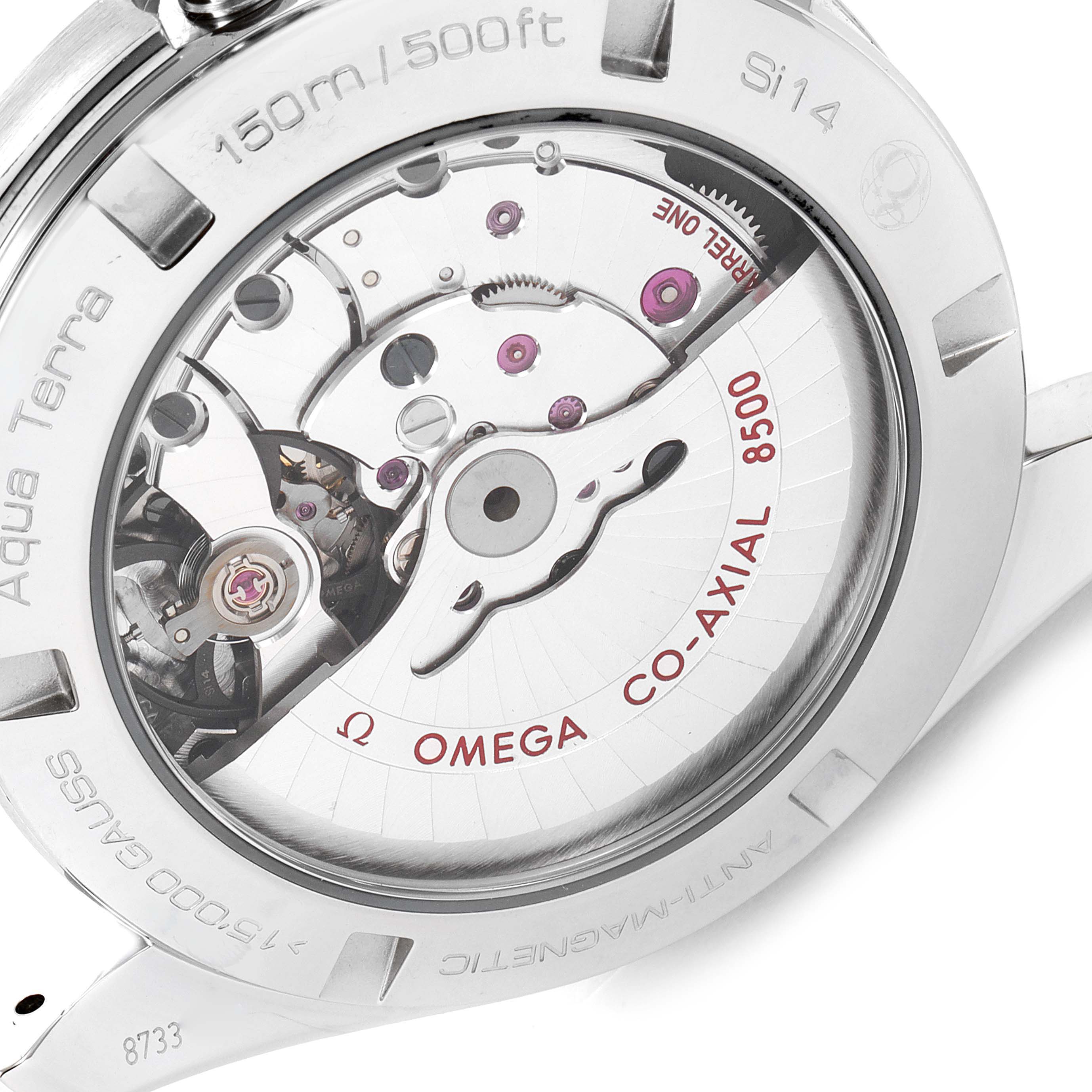 This image shows the back view of the Omega Aqua Terra 231.12.42.21.01.002 Men
s Stainless Steel Black Dial 231.12.42.21.01.002 Men
s Stainless Steel Black Dial watch, highlighting its co-axial mechanical movement.