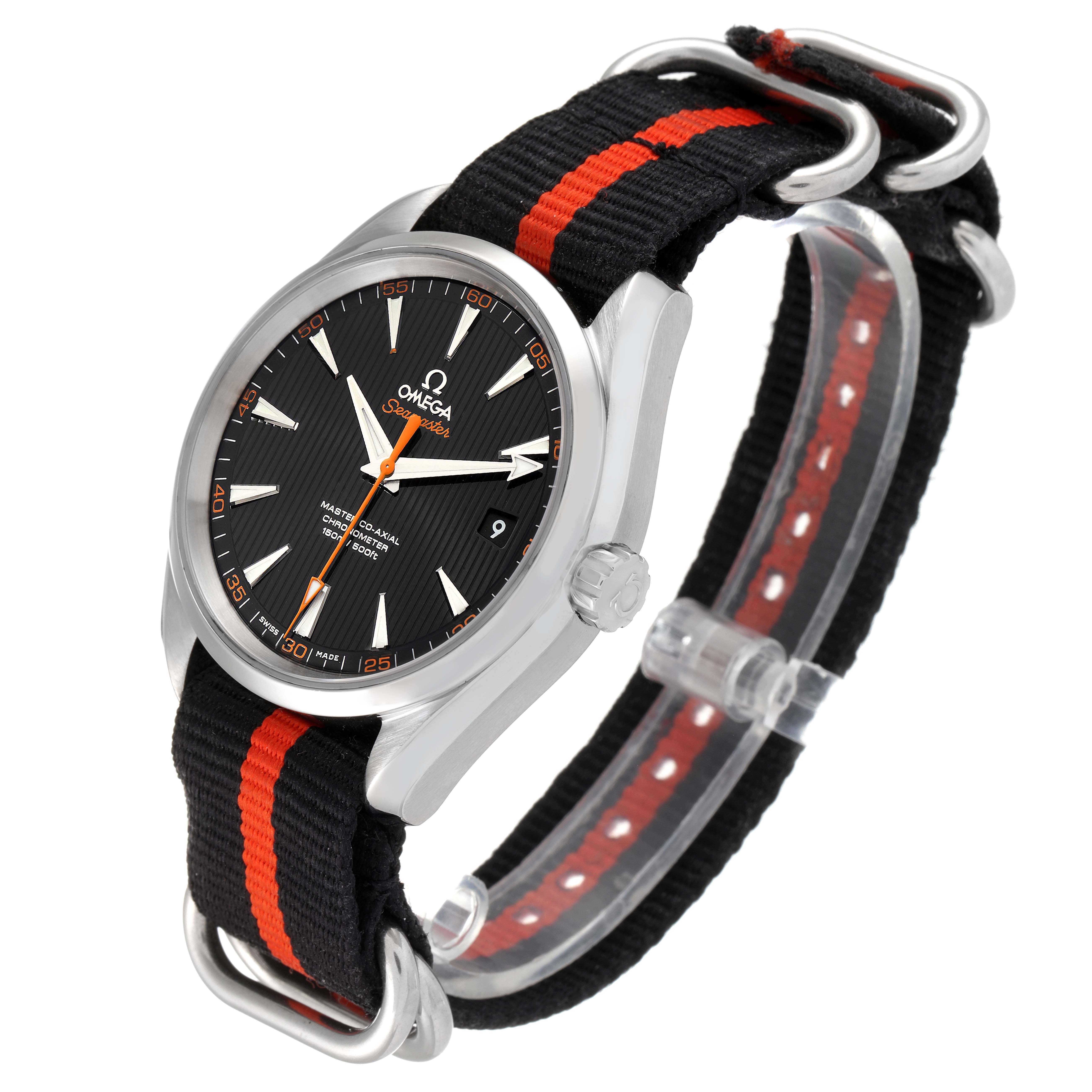 The Omega Aqua Terra 231.12.42.21.01.002 Men
s Stainless Steel Black Dial 231.12.42.21.01.002 Men
s Stainless Steel Black Dial watch is shown at a three-quarter angle, highlighting the face, band, and crown.