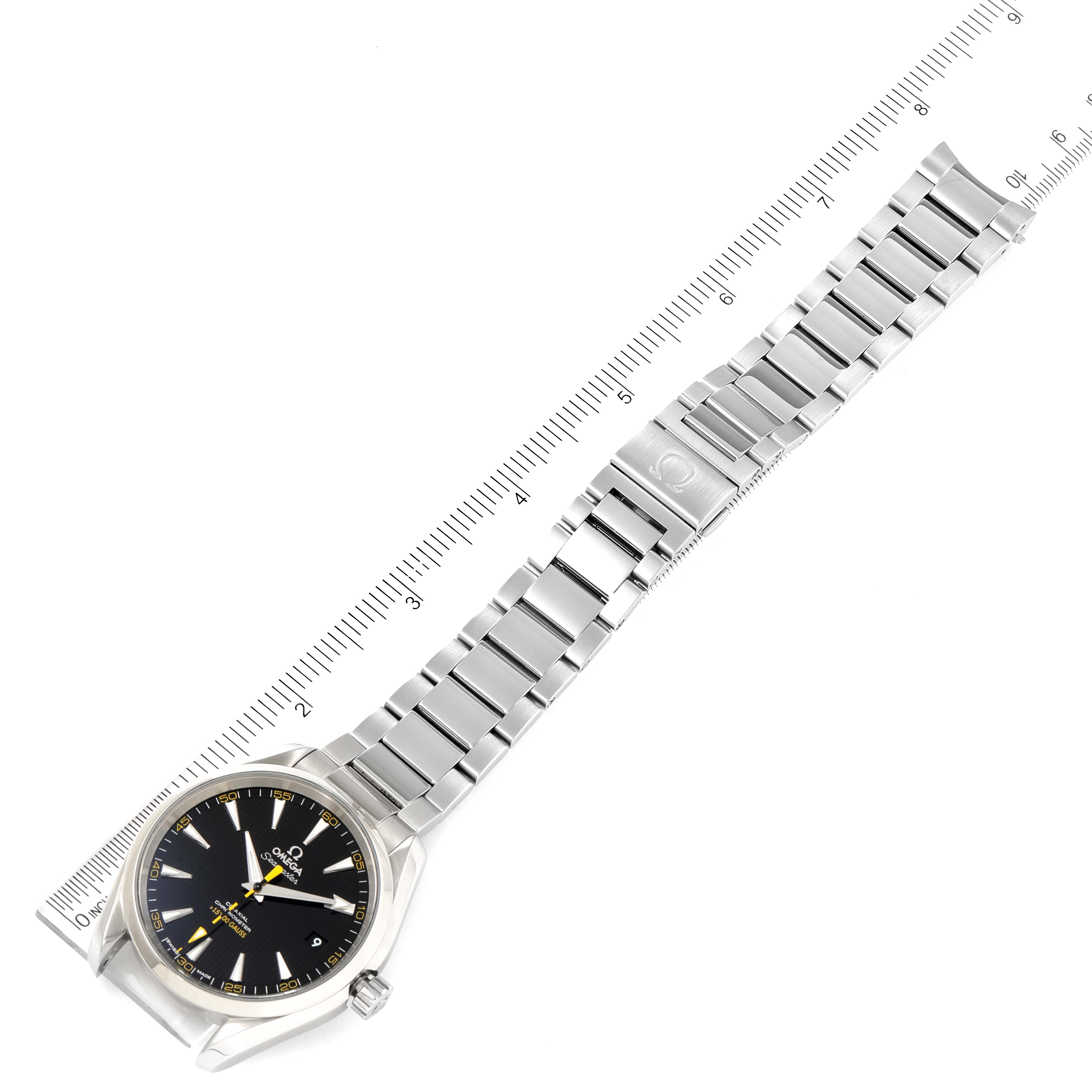 The Omega Aqua Terra 231.10.42.21.01.002 Men's Stainless Steel Black Dial 231.10.42.21.01.002 Men's Stainless Steel Black Dial watch is shown from an overhead angle, displaying the full bracelet, clasp, case, and dial.