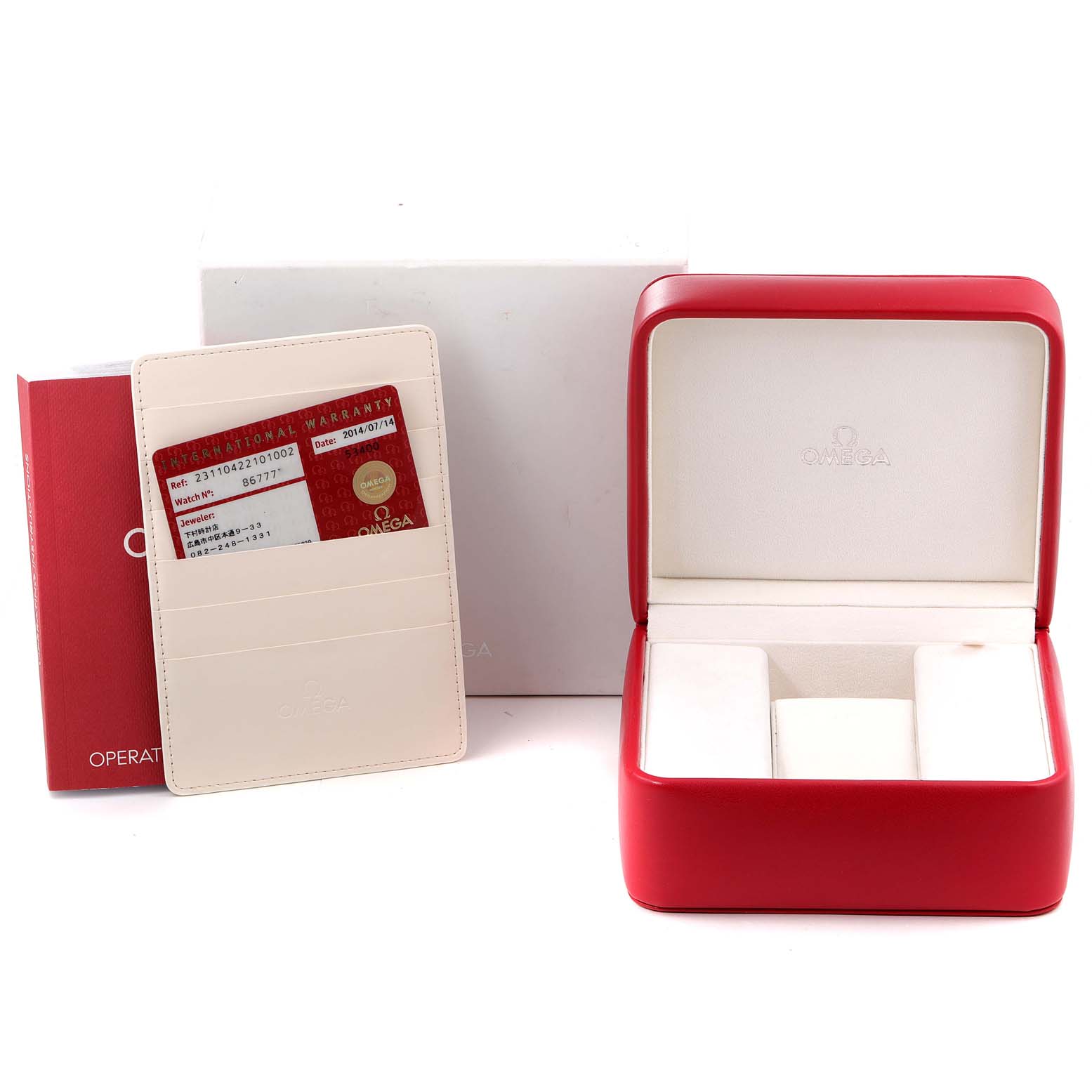 The image shows the packaging accessories including the box and warranty card for the Omega Aqua Terra 231.10.42.21.01.002 Men's Stainless Steel Black Dial 231.10.42.21.01.002 Men's Stainless Steel Black Dial watch model.