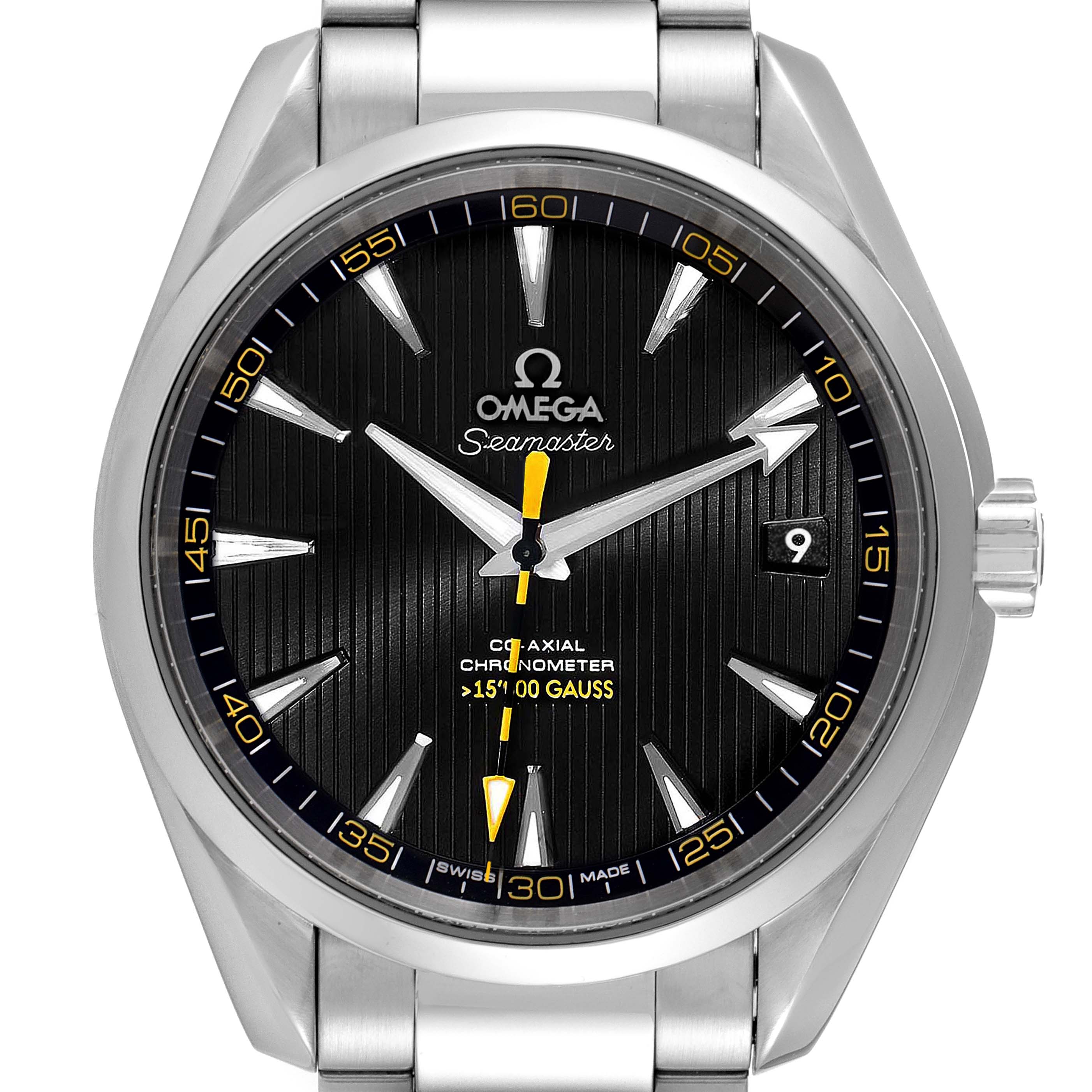 The image shows a close-up, front view of an Omega Seamaster Aqua Terra watch, displaying the dial, hands, and bezel.