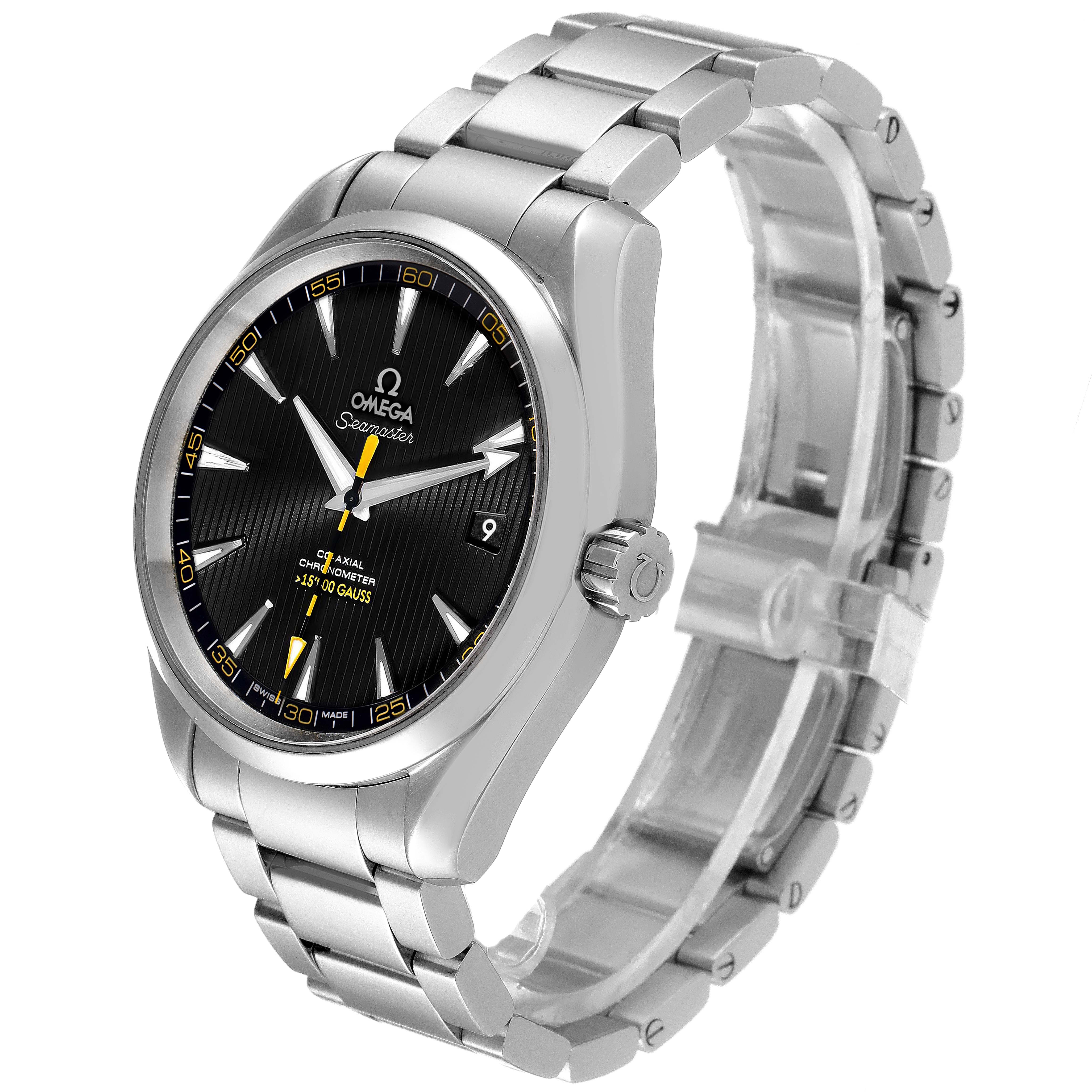 This image shows an Omega Aqua Terra 231.10.42.21.01.002 Men's Stainless Steel Black Dial 231.10.42.21.01.002 Men's Stainless Steel Black Dial watch from a front-right angle, highlighting its face, bracelet, and crown.