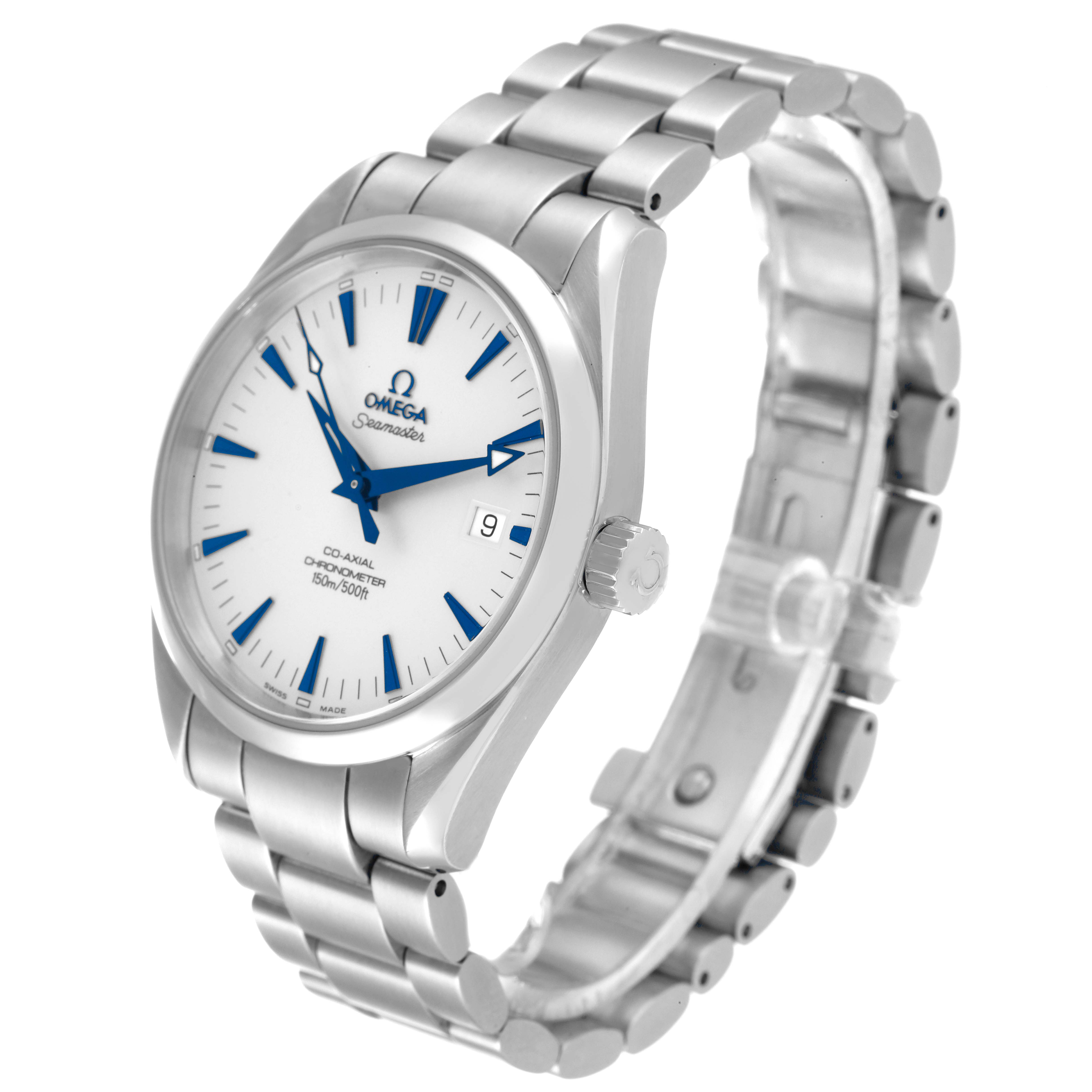 The image shows a side angle view of the Omega Aqua Terra 2503.33.00 Men's Stainless Steel Silver Dial 2503.33.00 Men's Stainless Steel Silver Dial watch, highlighting its face, bezel, crown, and bracelet.