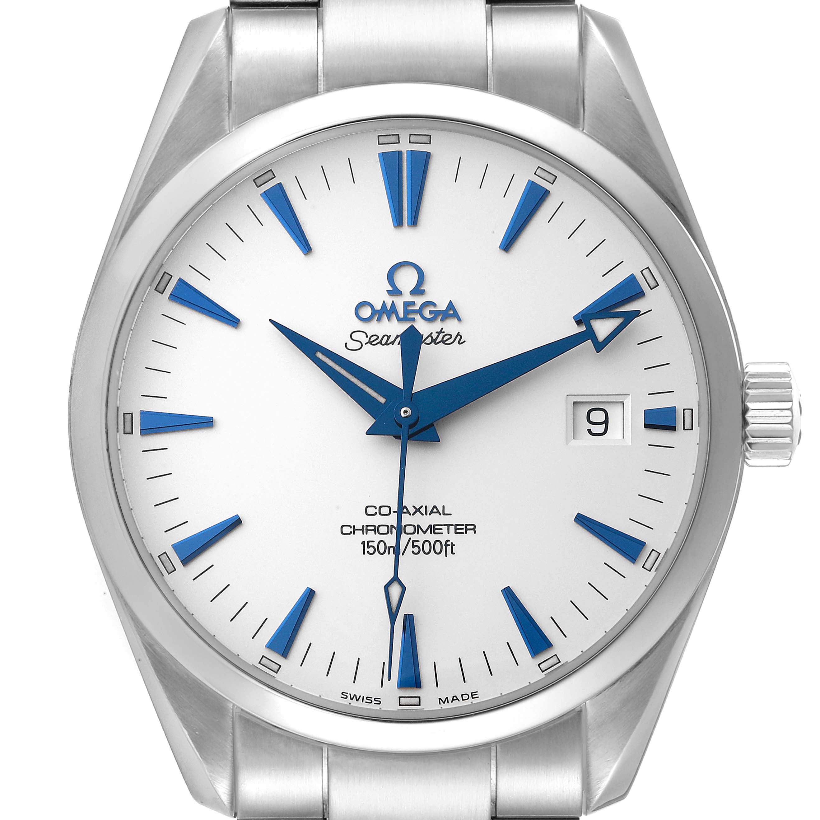 This is an Omega Aqua Terra 2503.33.00 Men's Stainless Steel Silver Dial 2503.33.00 Men's Stainless Steel Silver Dial model watch shown from the front, displaying the dial, hands, date window, and part of the bracelet.