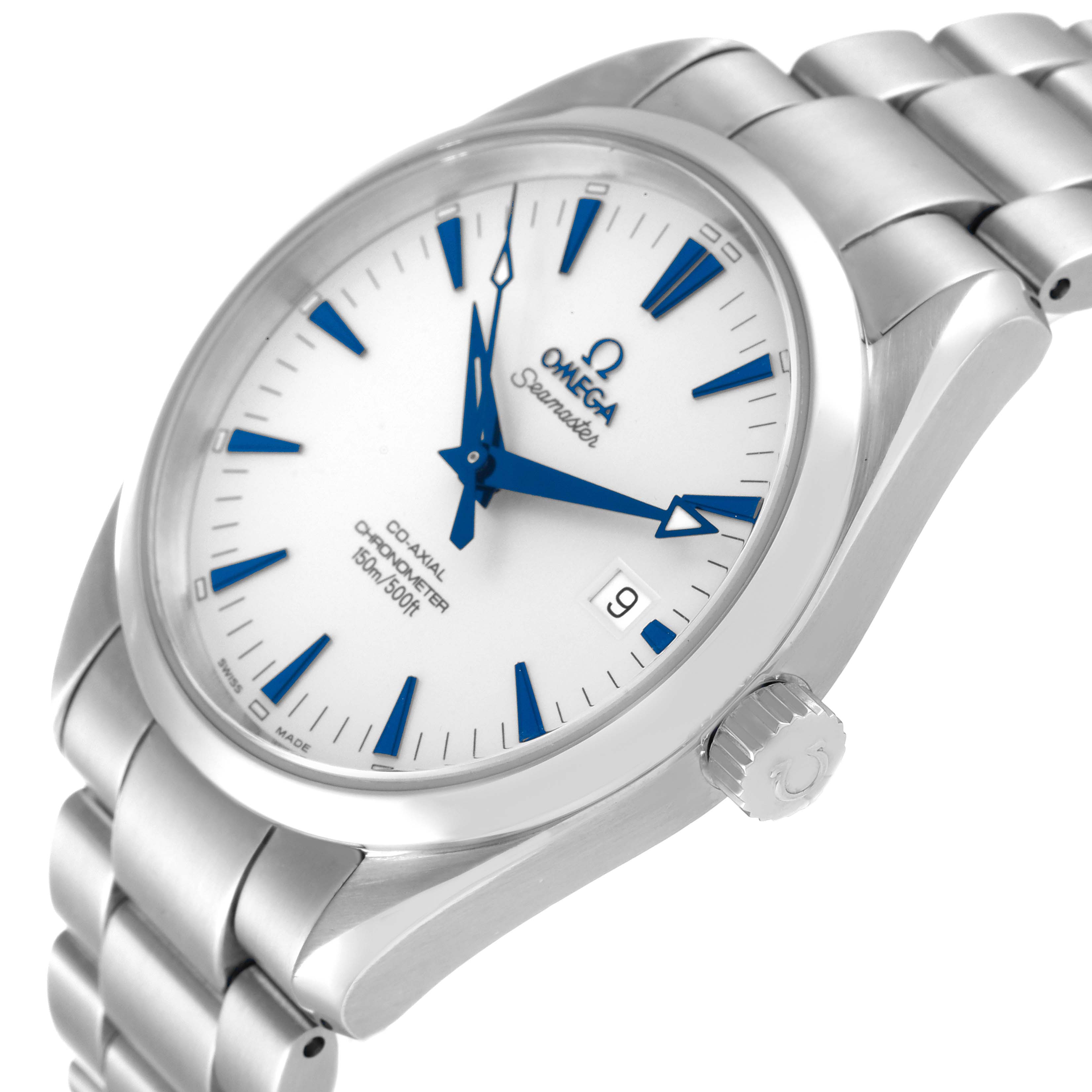 The Omega Aqua Terra 2503.33.00 Men's Stainless Steel Silver Dial 2503.33.00 Men's Stainless Steel Silver Dial watch is shown from an angled view, displaying the face, bezel, crown, and part of the metal bracelet.