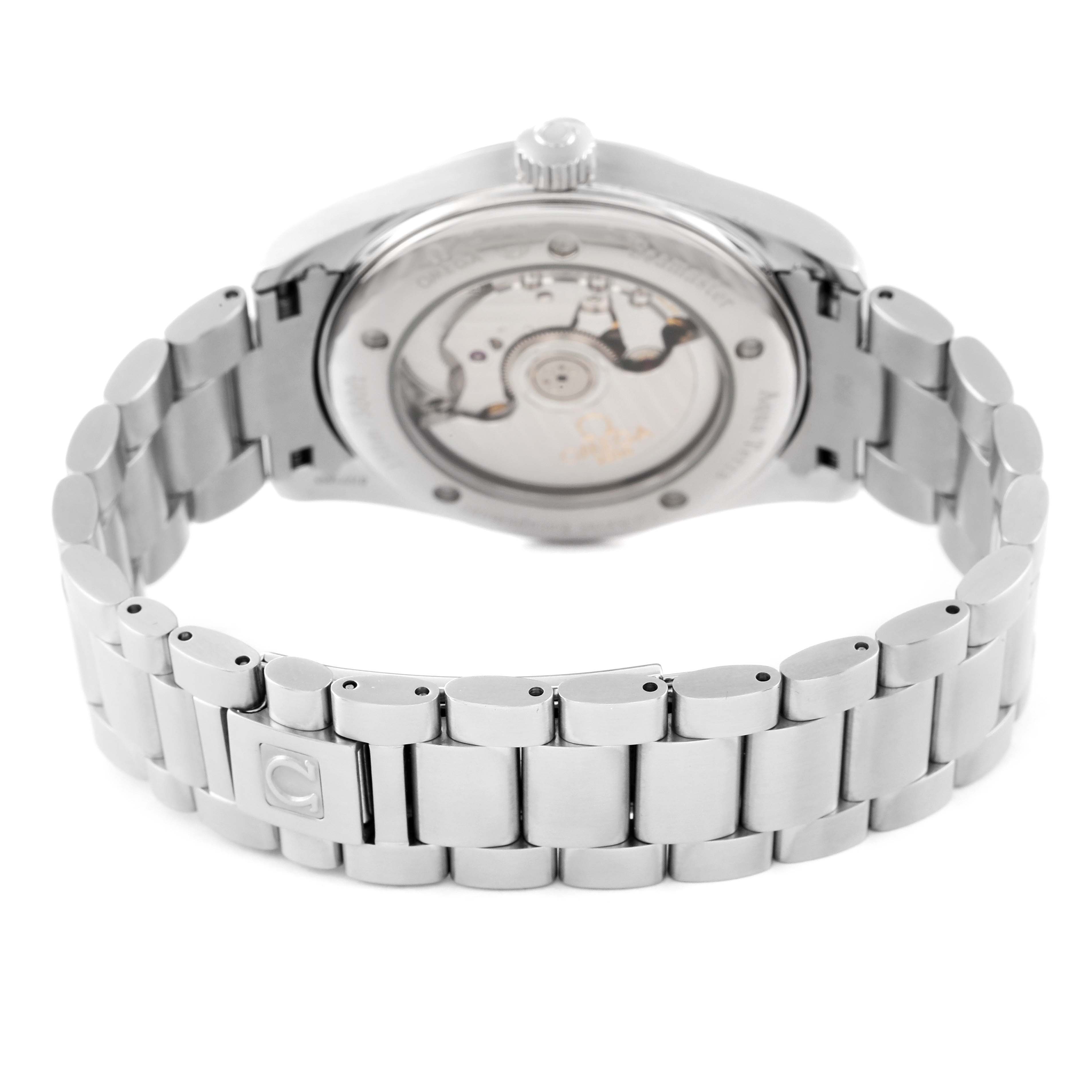 The image shows the back view of an Omega Aqua Terra 2503.33.00 Men's Stainless Steel Silver Dial 2503.33.00 Men's Stainless Steel Silver Dial watch, highlighting the bracelet and the transparent case back exposing the movement.