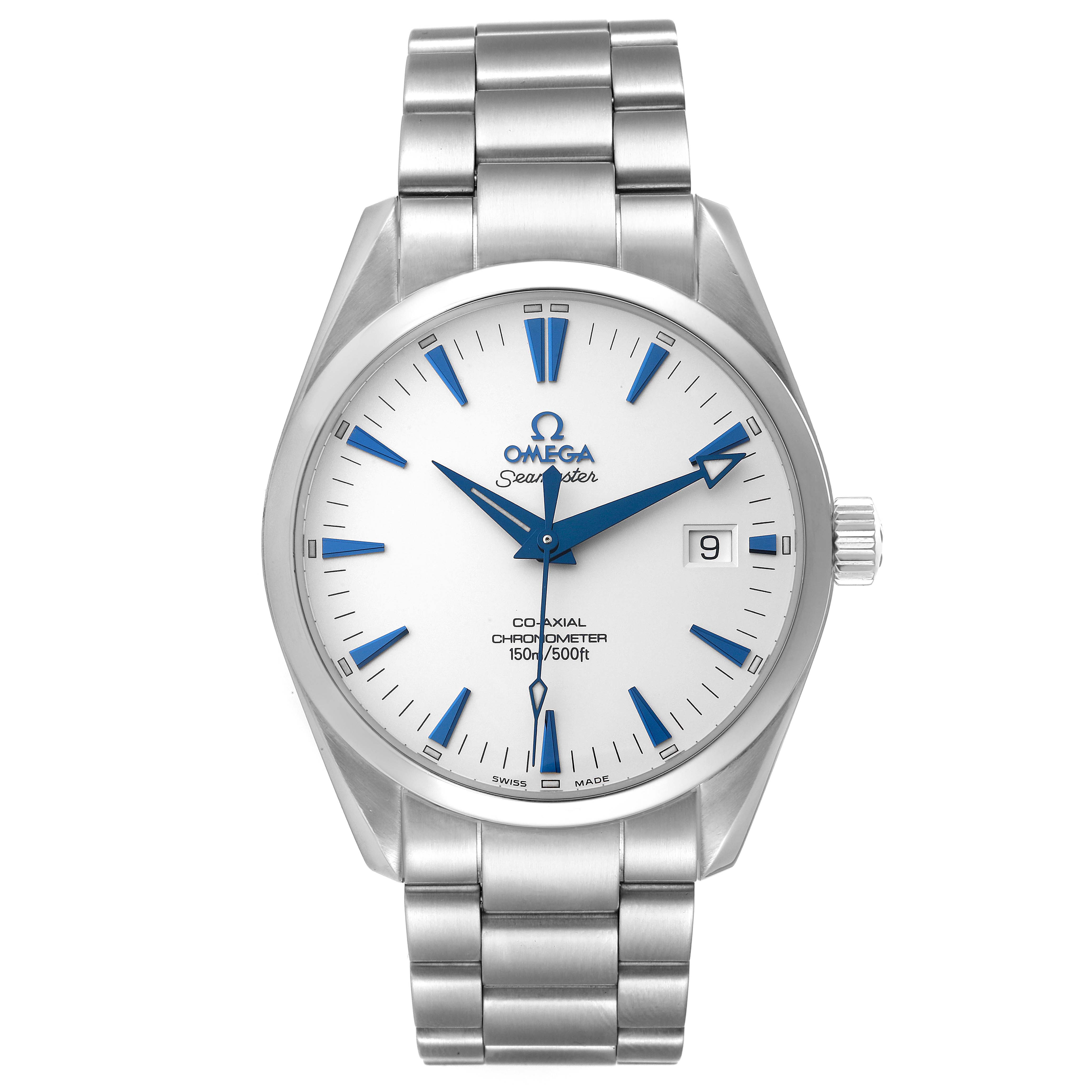 This Omega Aqua Terra 2503.33.00 Men's Stainless Steel Silver Dial 2503.33.00 Men's Stainless Steel Silver Dial model watch is shown from the front, displaying the dial, hour markers, hands, bracelet, and crown.