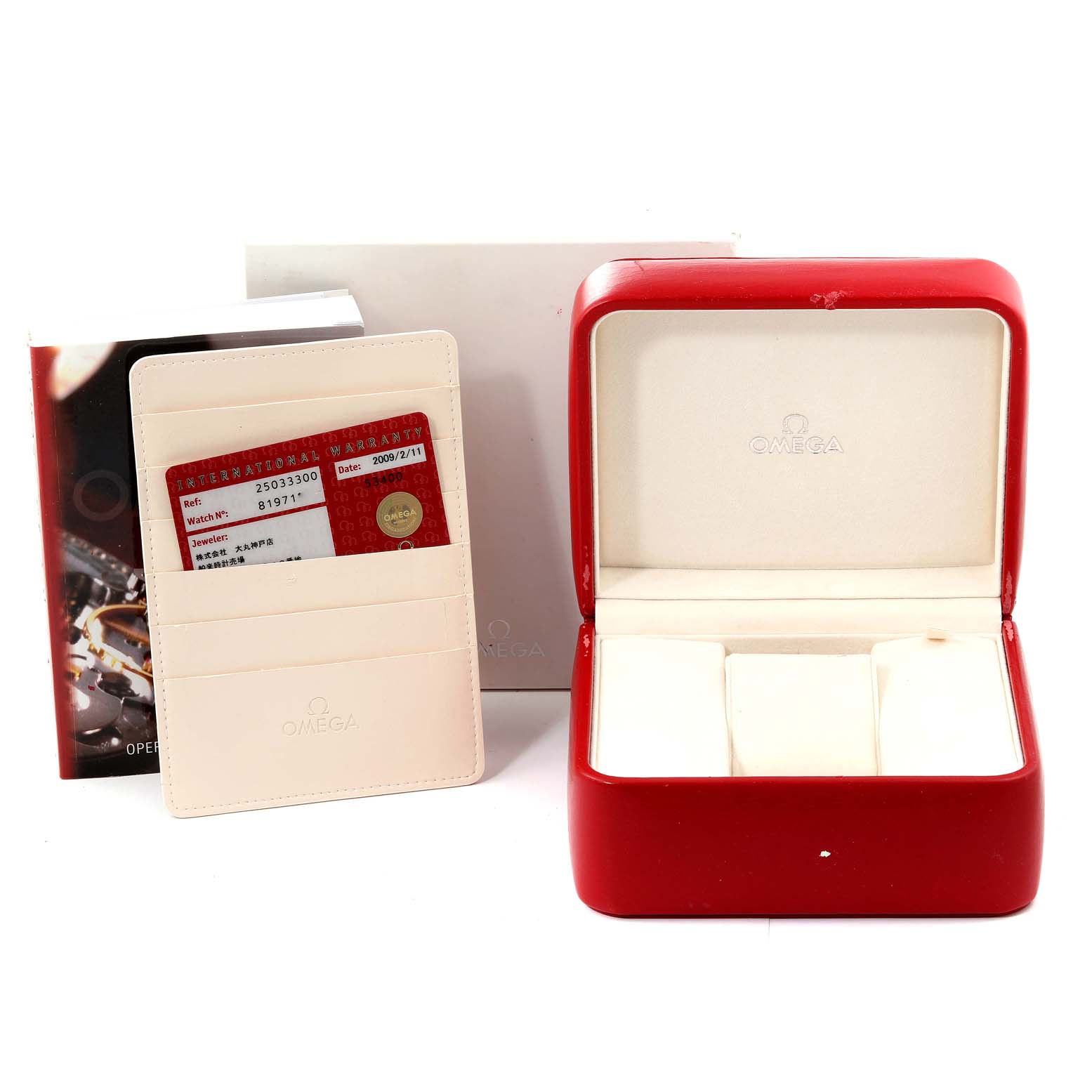 The image shows the Omega Aqua Terra 2503.33.00 Men's Stainless Steel Silver Dial 2503.33.00 Men's Stainless Steel Silver Dial watch packaging, including a red watch box, a manual, and a warranty card in a beige holder.