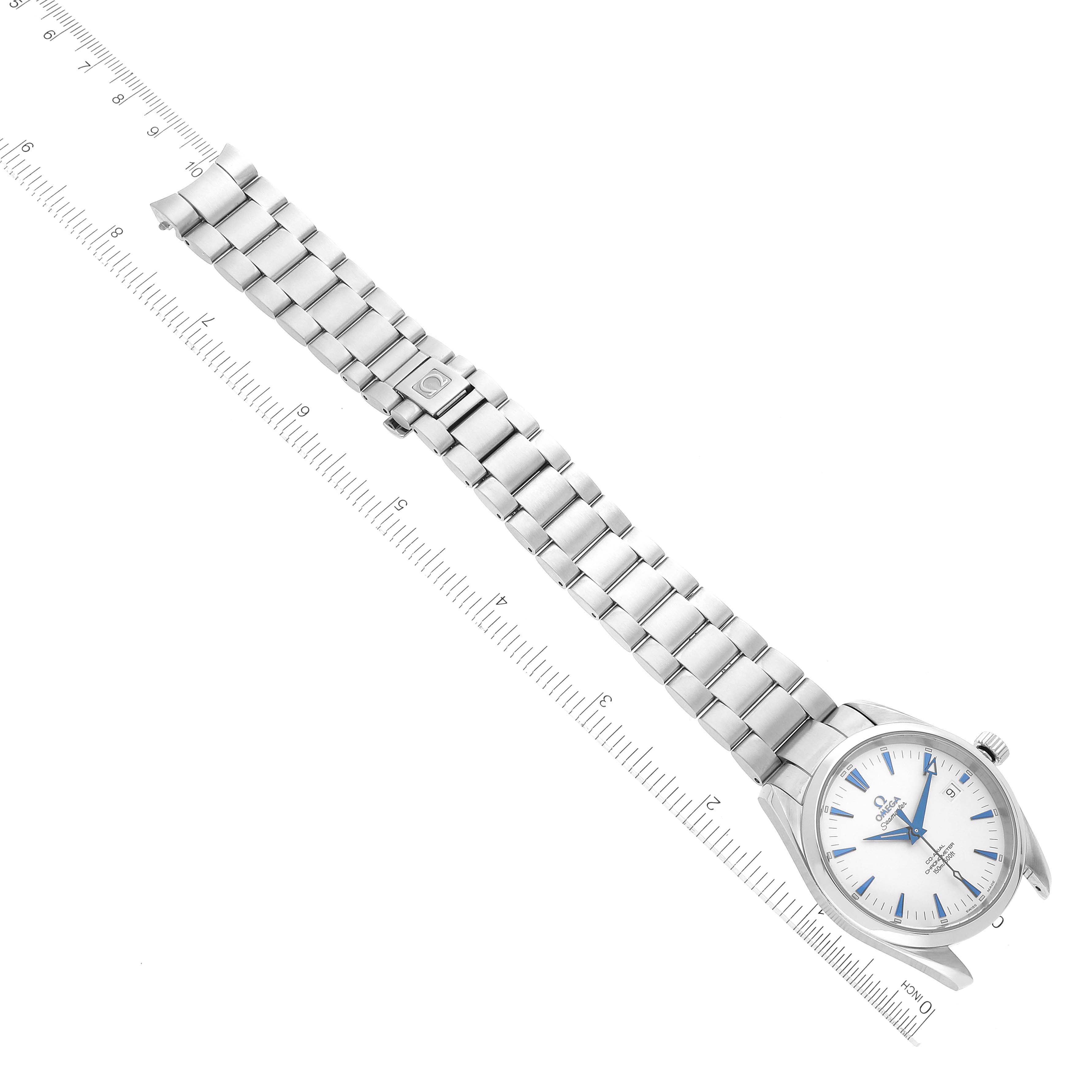 The image shows an Omega Aqua Terra 2503.33.00 Men's Stainless Steel Silver Dial 2503.33.00 Men's Stainless Steel Silver Dial watch laid flat with a metal bracelet extended, alongside a ruler measuring its length.