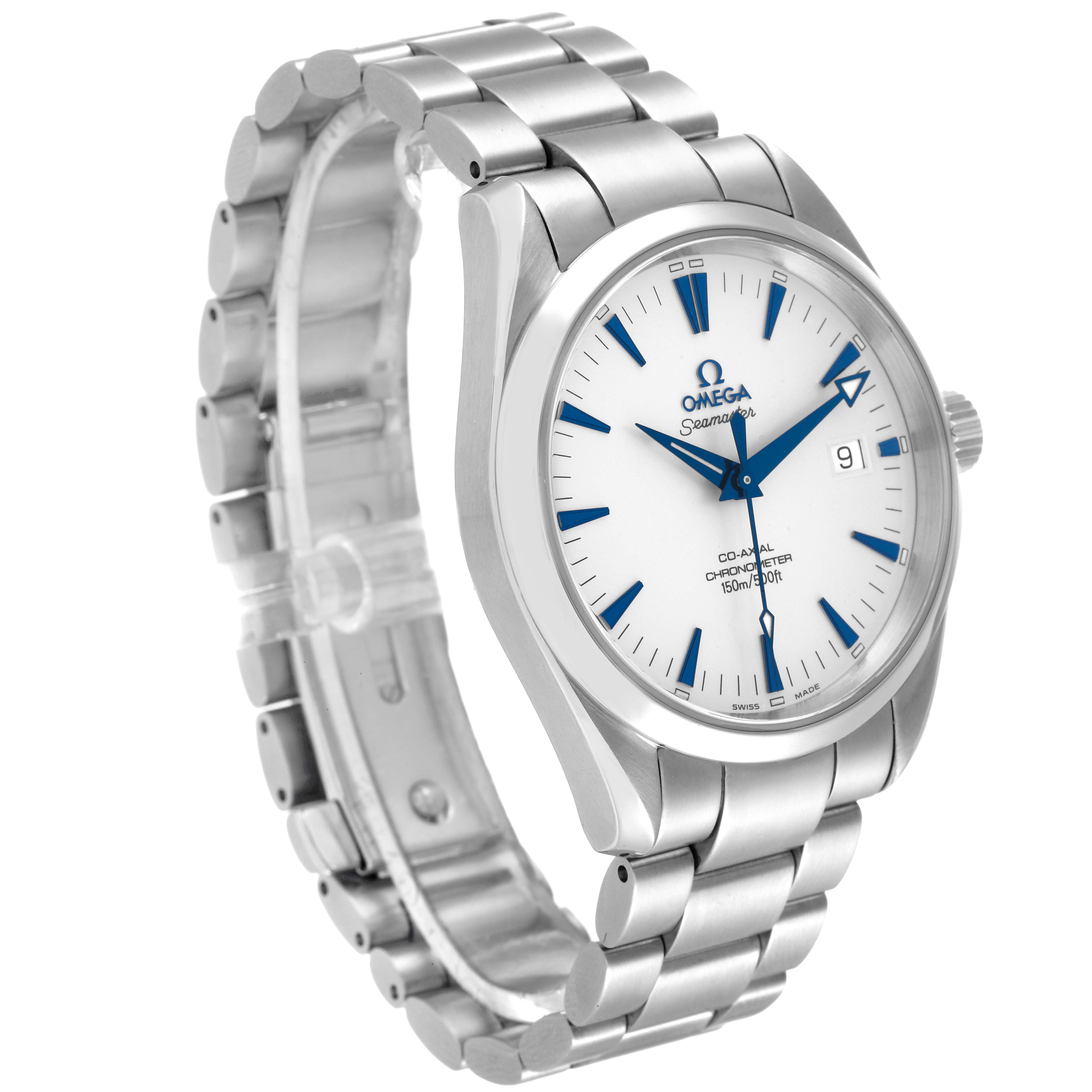 The Omega Aqua Terra 2503.33.00 Men's Stainless Steel Silver Dial 2503.33.00 Men's Stainless Steel Silver Dial watch is shown at a three-quarter angle, highlighting its face, bracelet, and side profile.