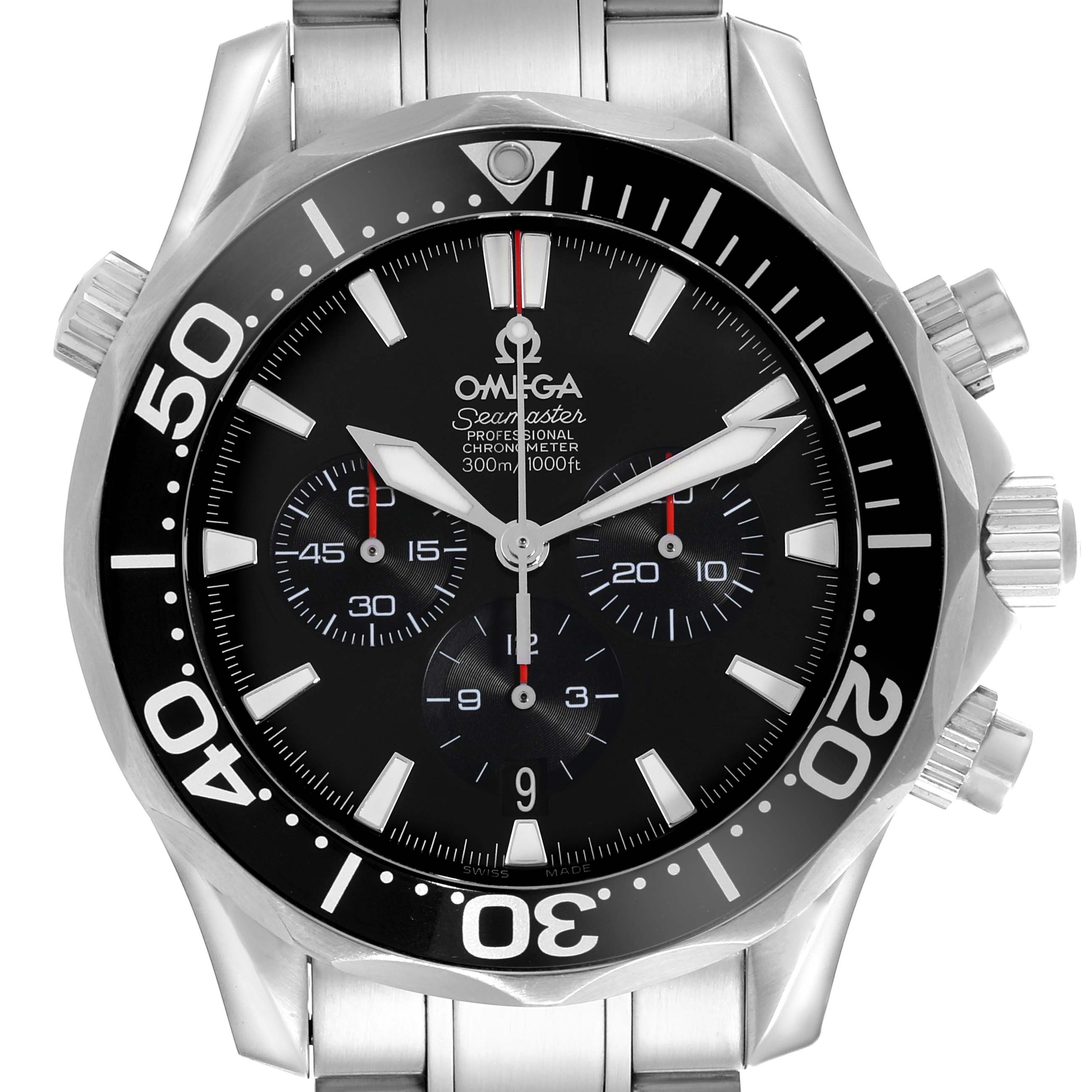 The Omega Seamaster 2594.52.00 Men
s Stainless Steel Black Dial 2594.52.00 Men
s Stainless Steel Black Dial watch is shown from the front, displaying the face, bezel, and part of the bracelet.