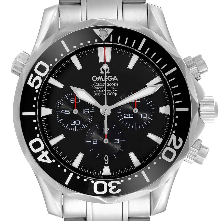 The Omega Seamaster watch is shown from the front, displaying the face, bezel, and part of the bracelet.