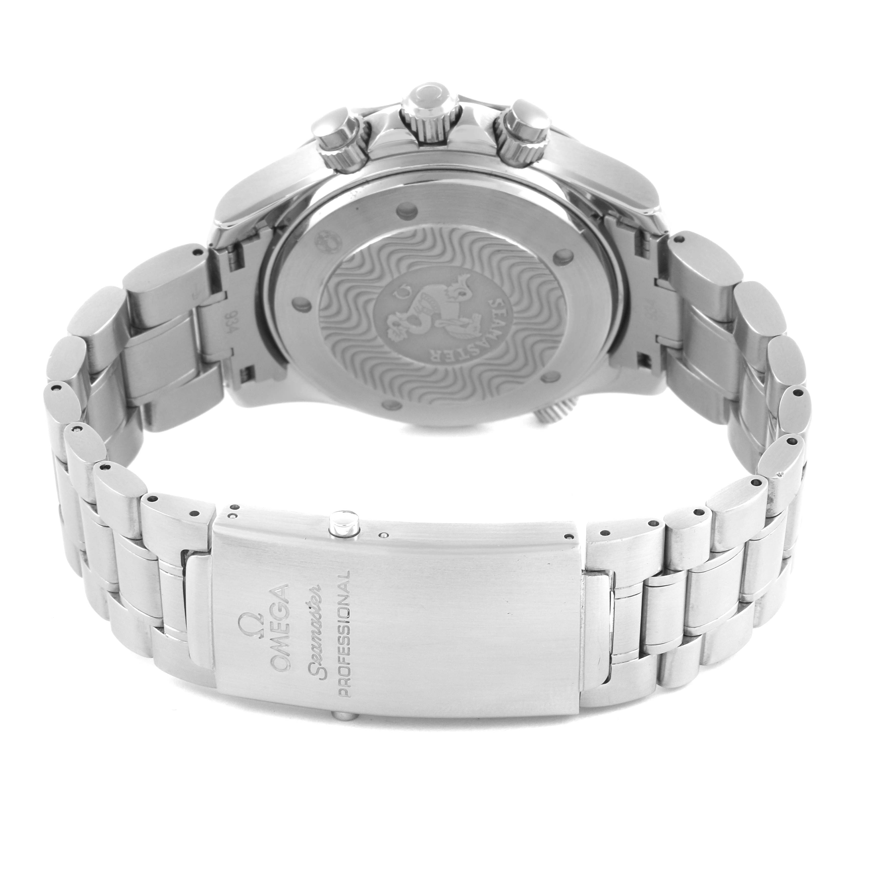 The Omega Seamaster 2594.52.00 Men
s Stainless Steel Black Dial 2594.52.00 Men
s Stainless Steel Black Dial watch is shown from the back, highlighting the case back, bracelet, and clasp with engraved branding.