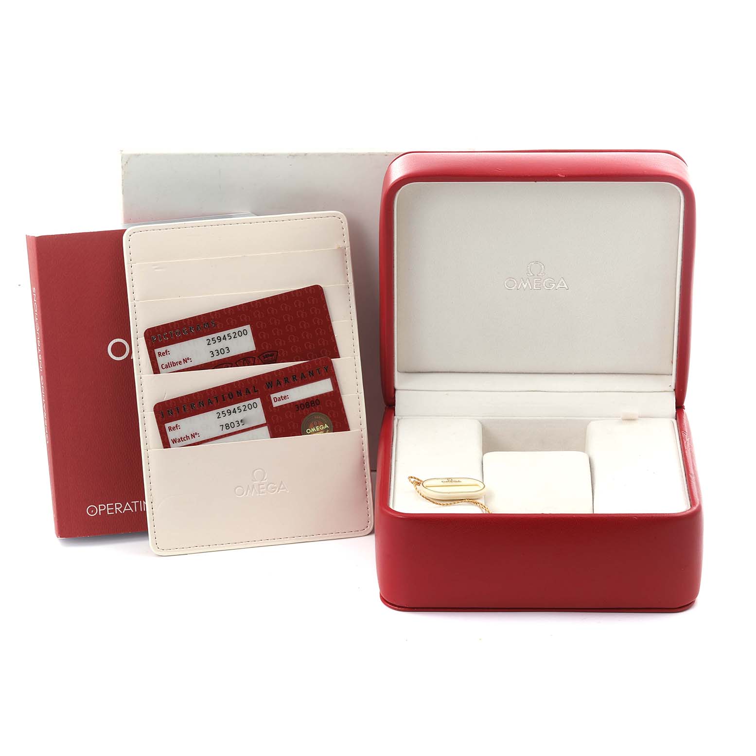 The image shows the Omega Seamaster 2594.52.00 Men
s Stainless Steel Black Dial 2594.52.00 Men
s Stainless Steel Black Dial watch box, cards, and manuals from a frontal angle.