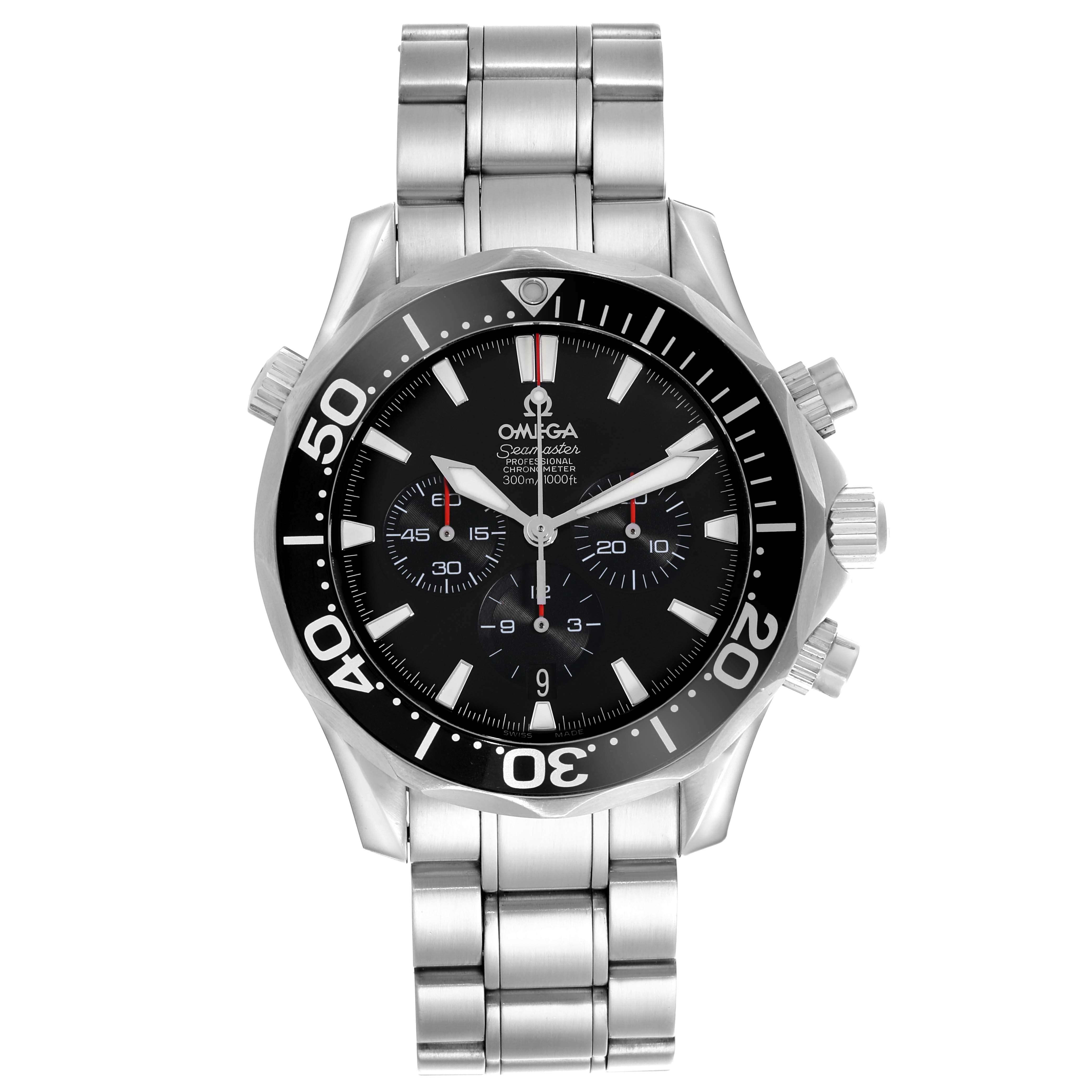 The Omega Seamaster 2594.52.00 Men
s Stainless Steel Black Dial 2594.52.00 Men
s Stainless Steel Black Dial watch is shown from the front, highlighting the face, bezel, and bracelet.