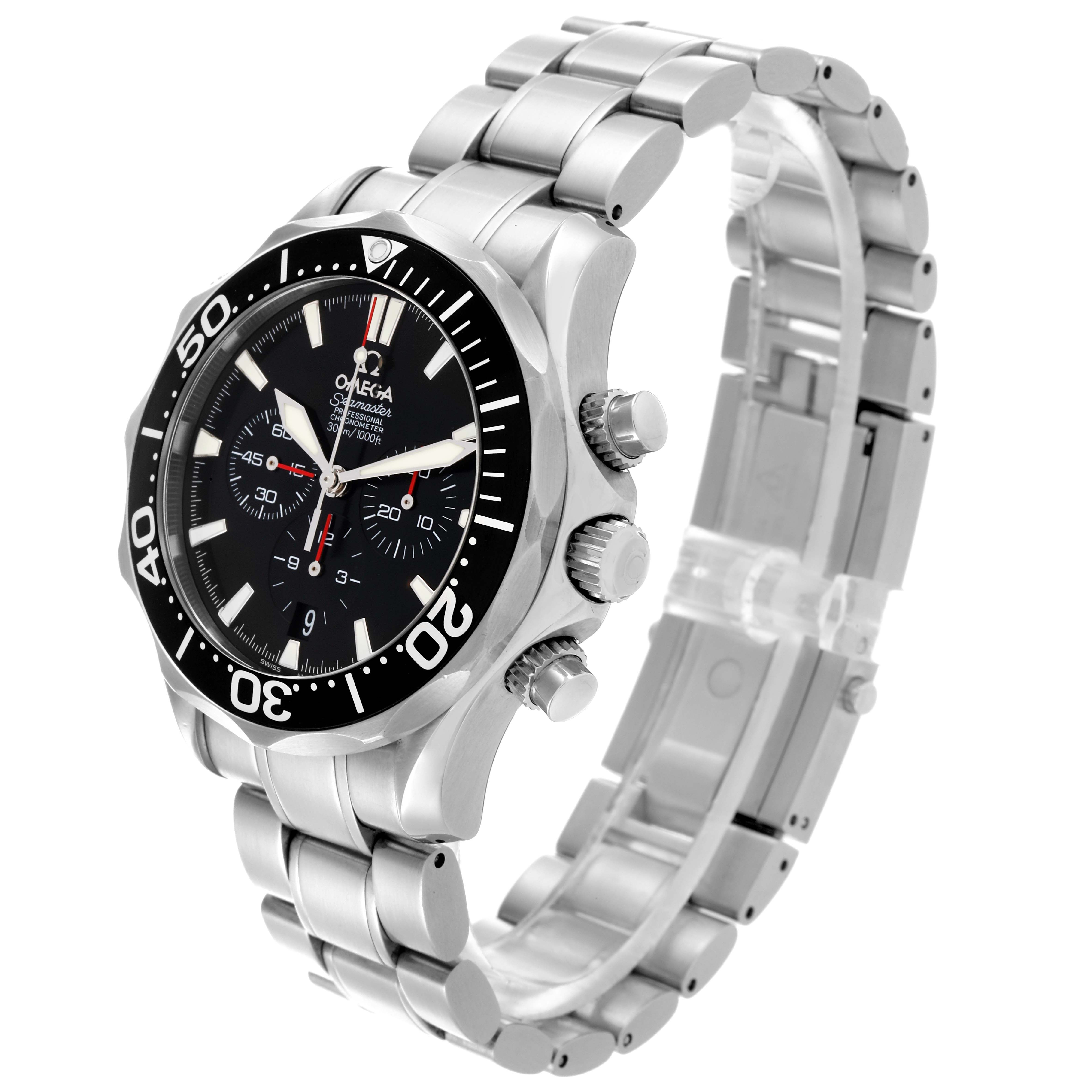 The Omega Seamaster 2594.52.00 Men
s Stainless Steel Black Dial 2594.52.00 Men
s Stainless Steel Black Dial watch is shown at a three-quarter angle, featuring the bezel, dial, and stainless steel bracelet.