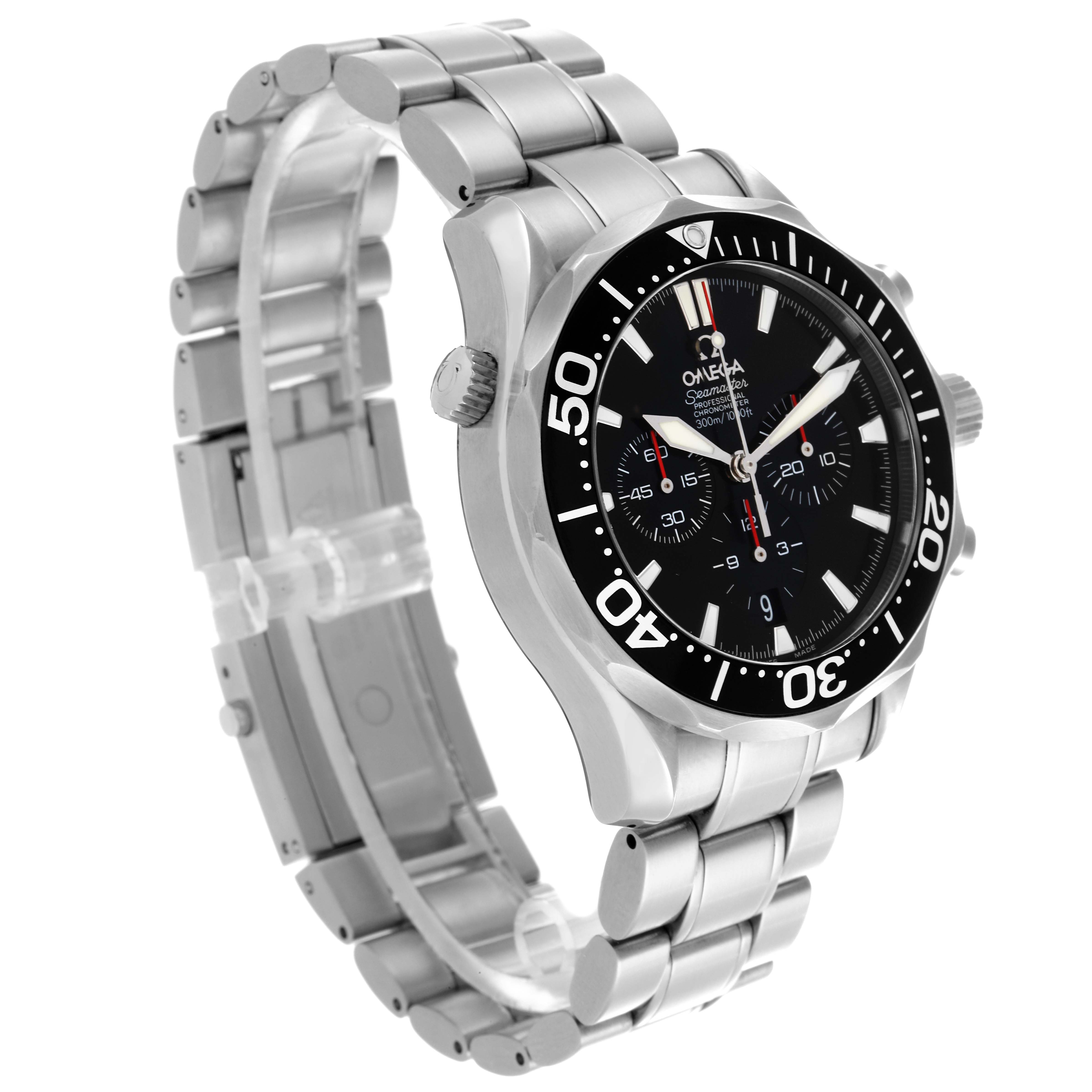 The Omega Seamaster 2594.52.00 Men
s Stainless Steel Black Dial 2594.52.00 Men
s Stainless Steel Black Dial watch is shown from a front-side angle, displaying the face, bezel, crown, and bracelet.