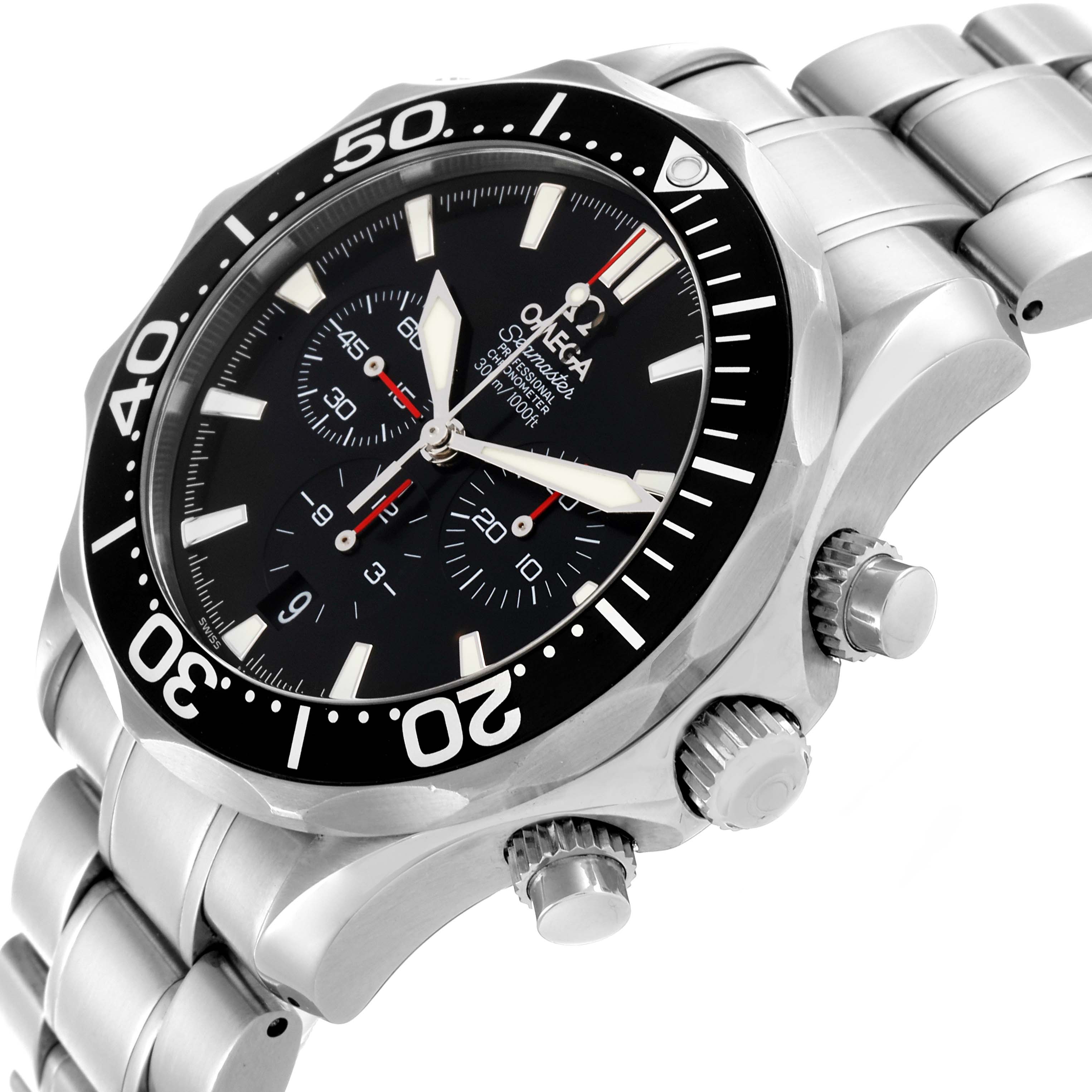 The image shows a side angle of the Omega Seamaster 2594.52.00 Men
s Stainless Steel Black Dial 2594.52.00 Men
s Stainless Steel Black Dial watch, displaying the dial, bezel, crown, and bracelet.