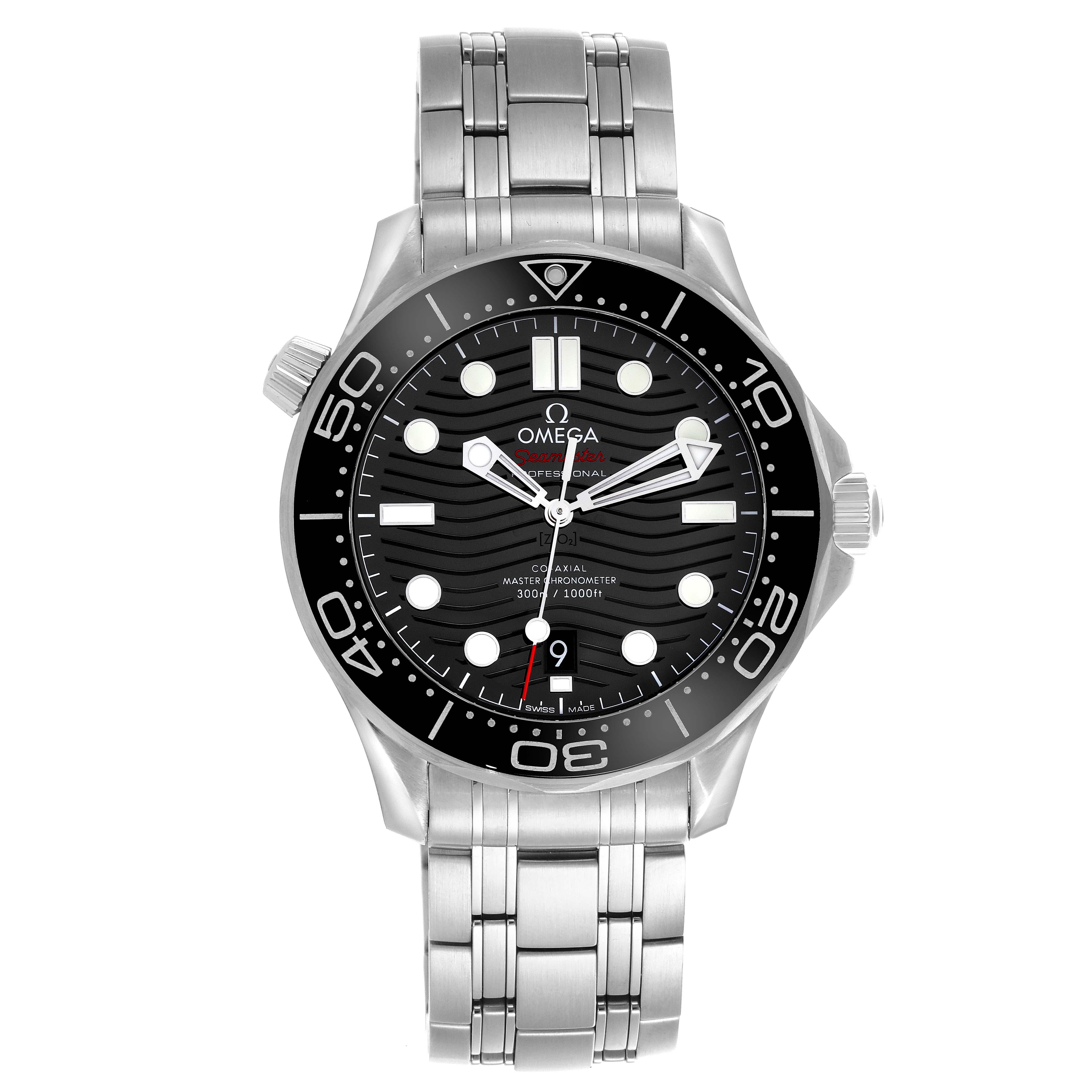 The Omega Seamaster 210.30.42.20.01.001 Men
s Stainless Steel Black Dial 210.30.42.20.01.001 Men
s Stainless Steel Black Dial watch is shown in a front angle, highlighting its dial, bezel, and bracelet.