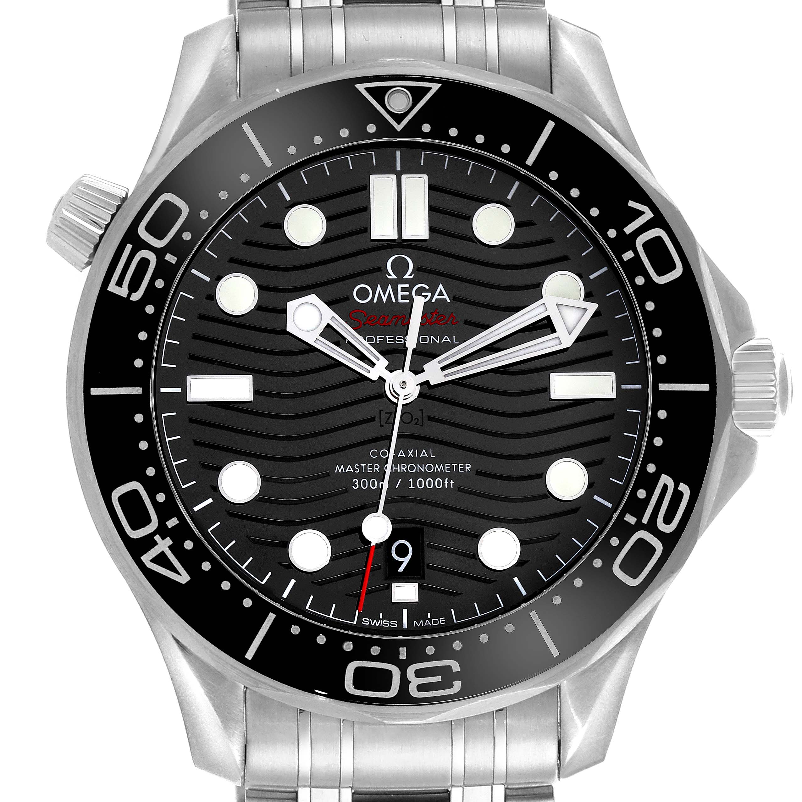 The Omega Seamaster 210.30.42.20.01.001 Men
s Stainless Steel Black Dial 210.30.42.20.01.001 Men
s Stainless Steel Black Dial watch is shown from a front angle, displaying the face, bezel, and bracelet links.